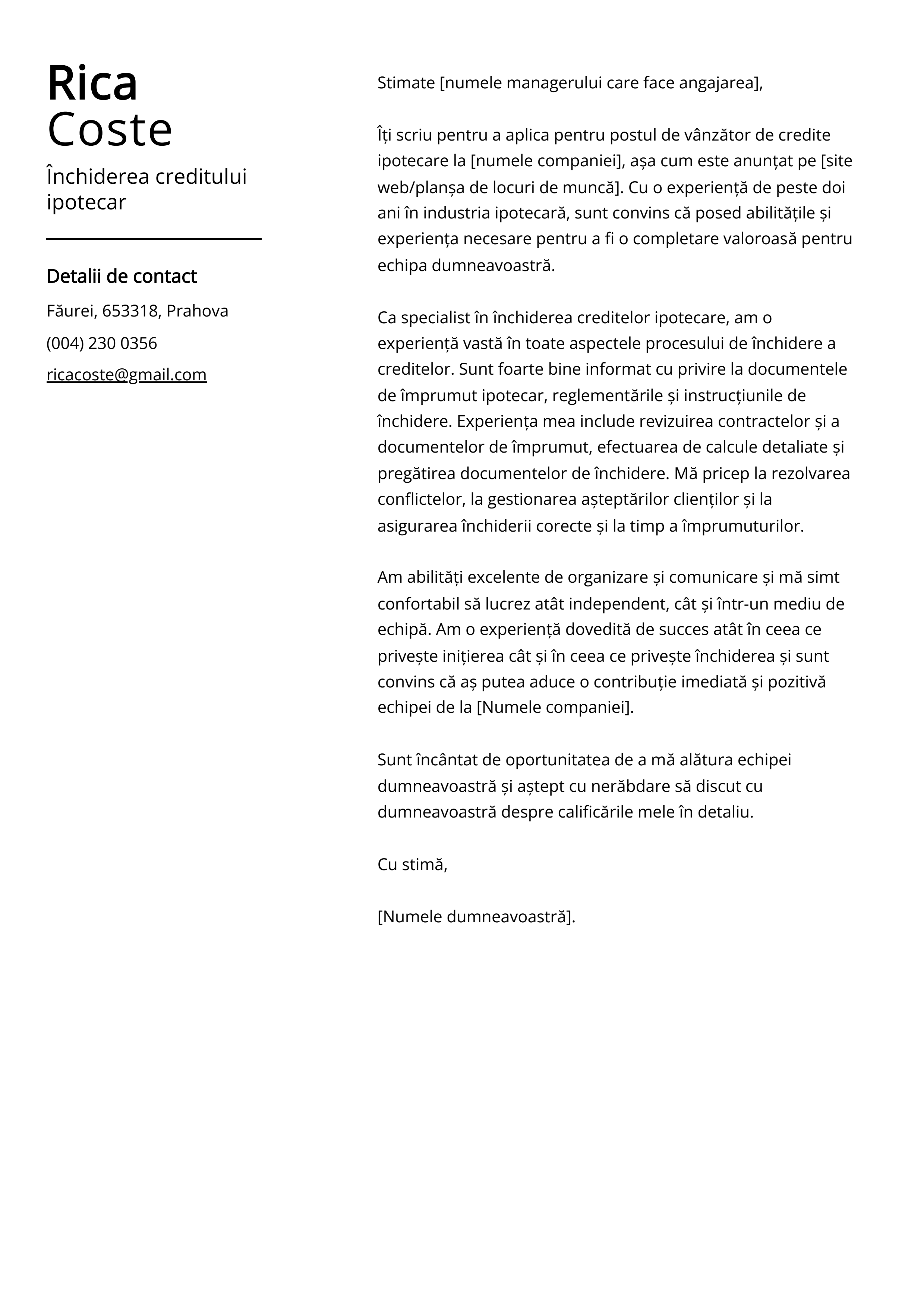 Închiderea creditului ipotecar Cover Letter Example