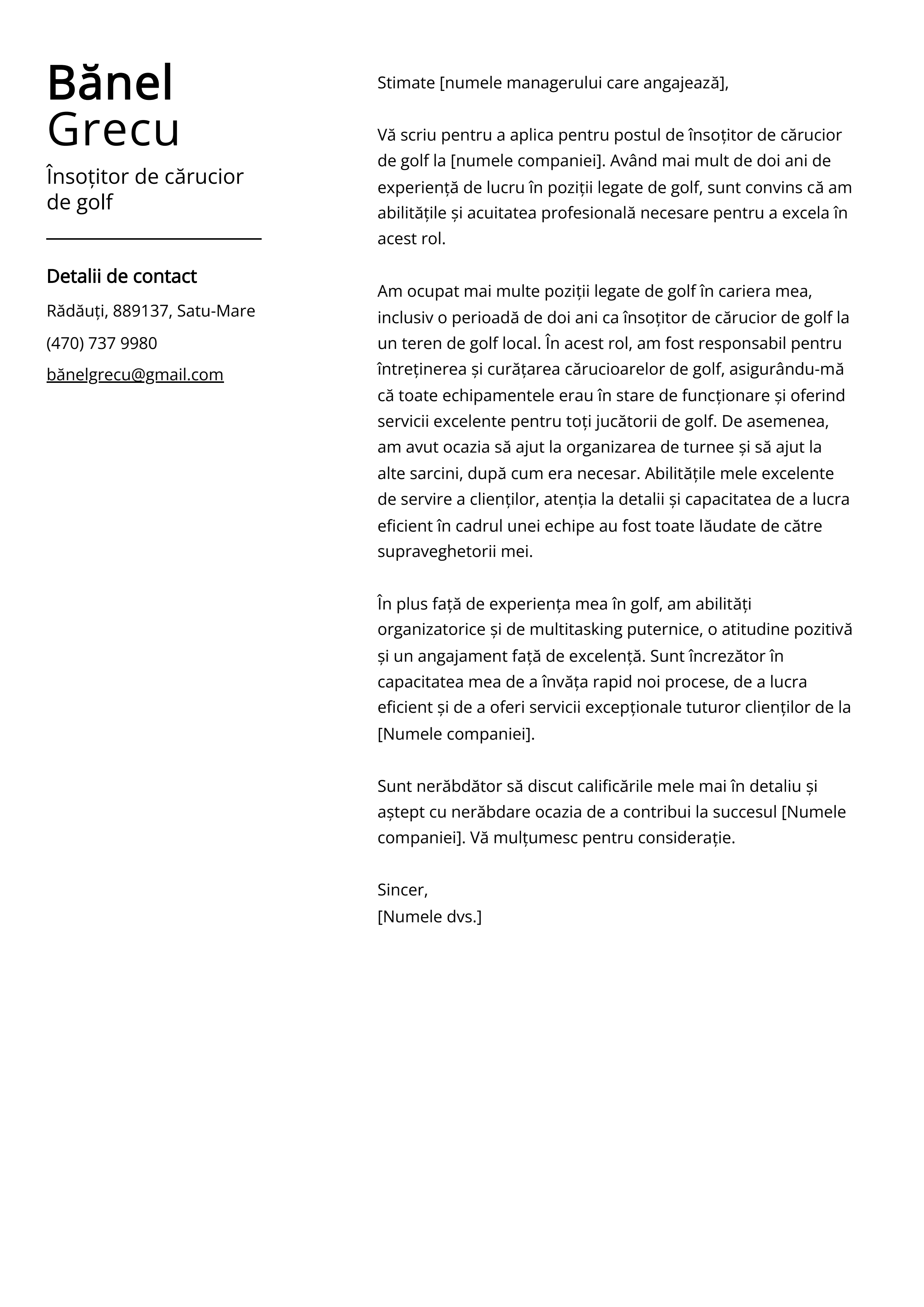 Însoțitor de cărucior de golf Cover Letter Example