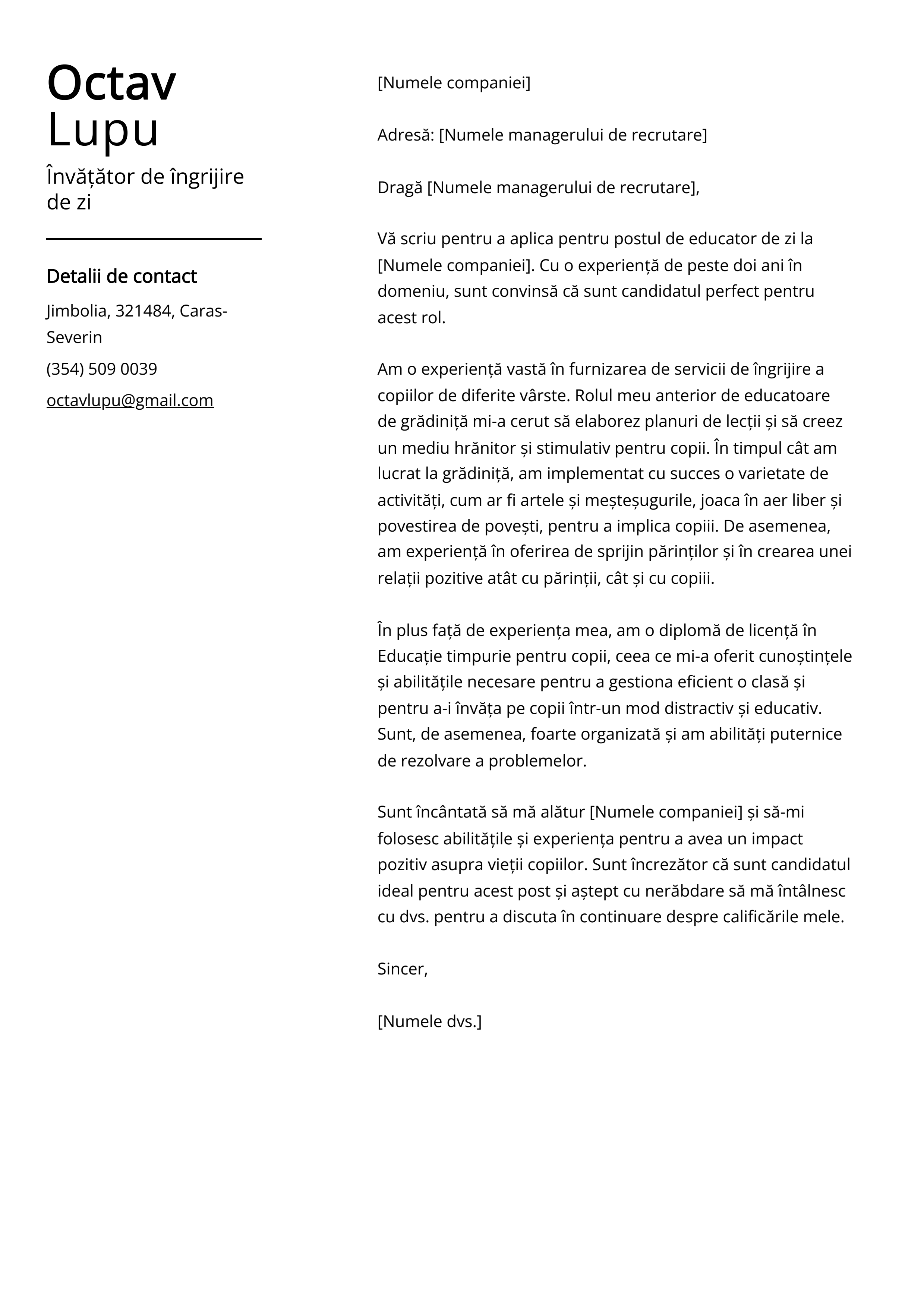 Învățător de îngrijire de zi Cover Letter Example