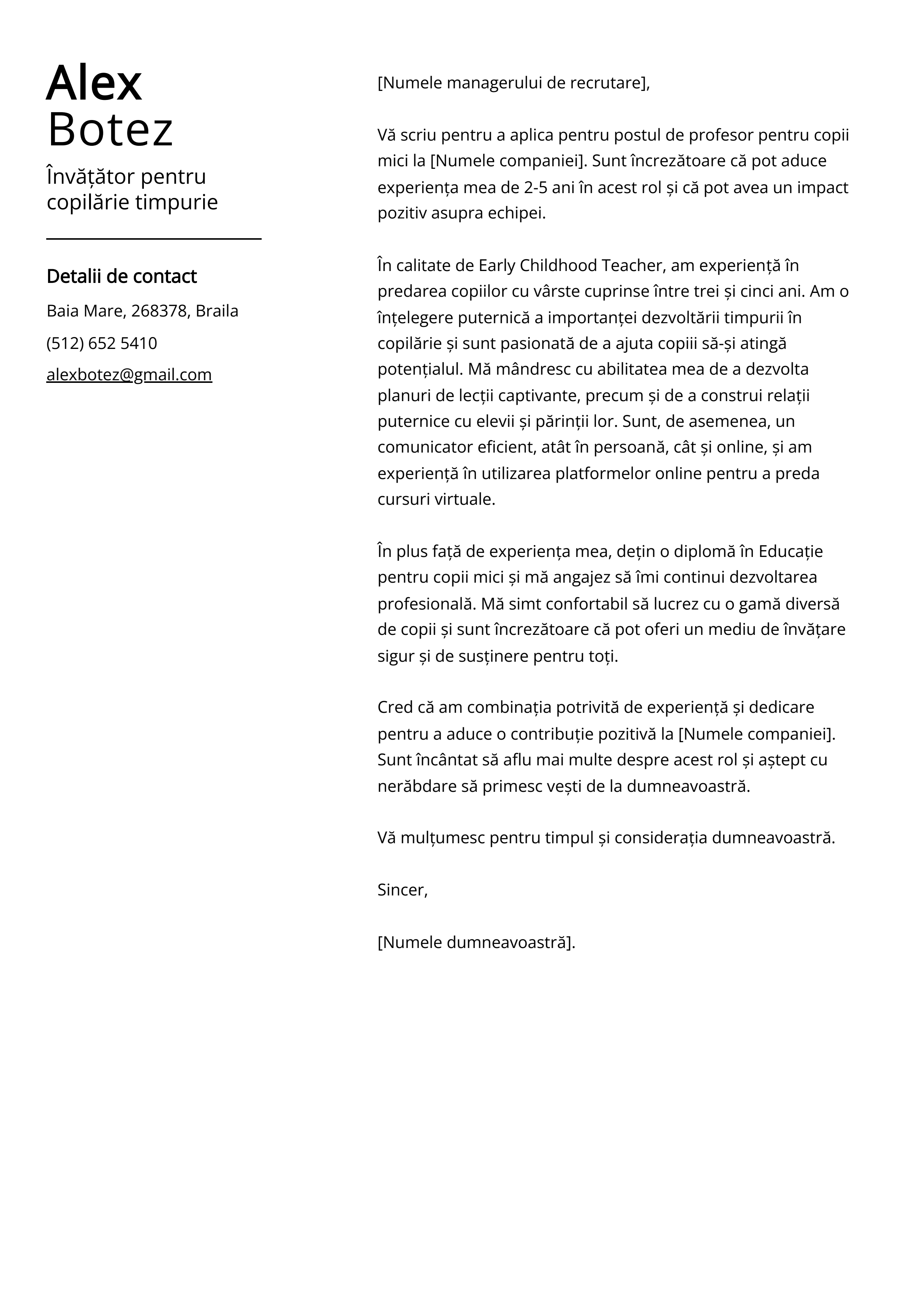 Învățător pentru copilărie timpurie Cover Letter Example