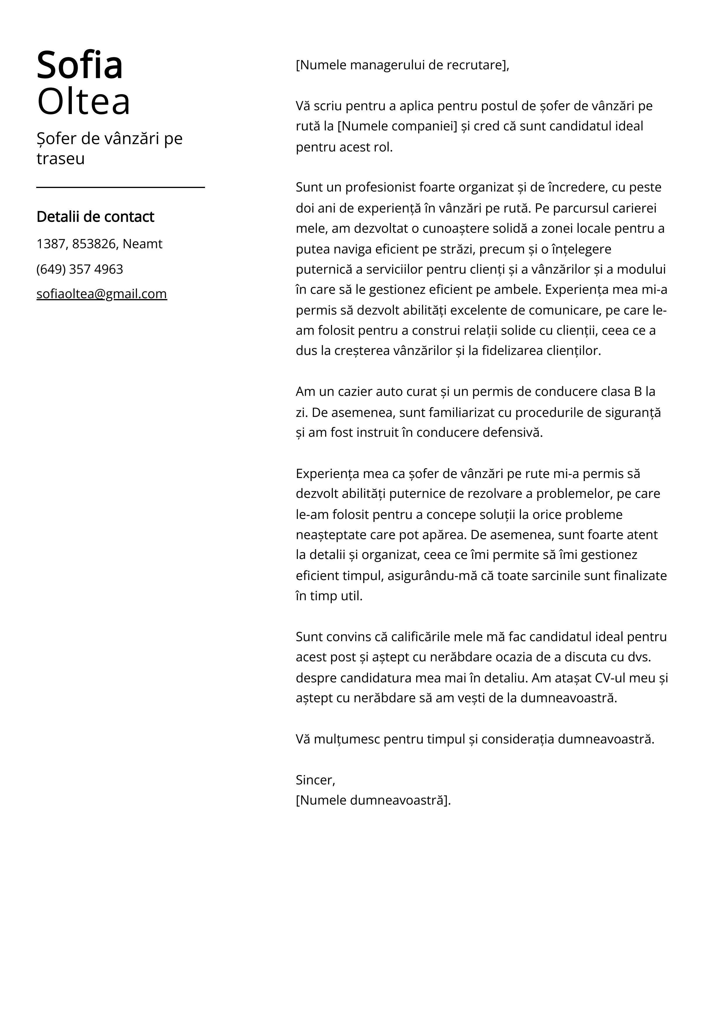 Șofer de vânzări pe traseu Cover Letter Example