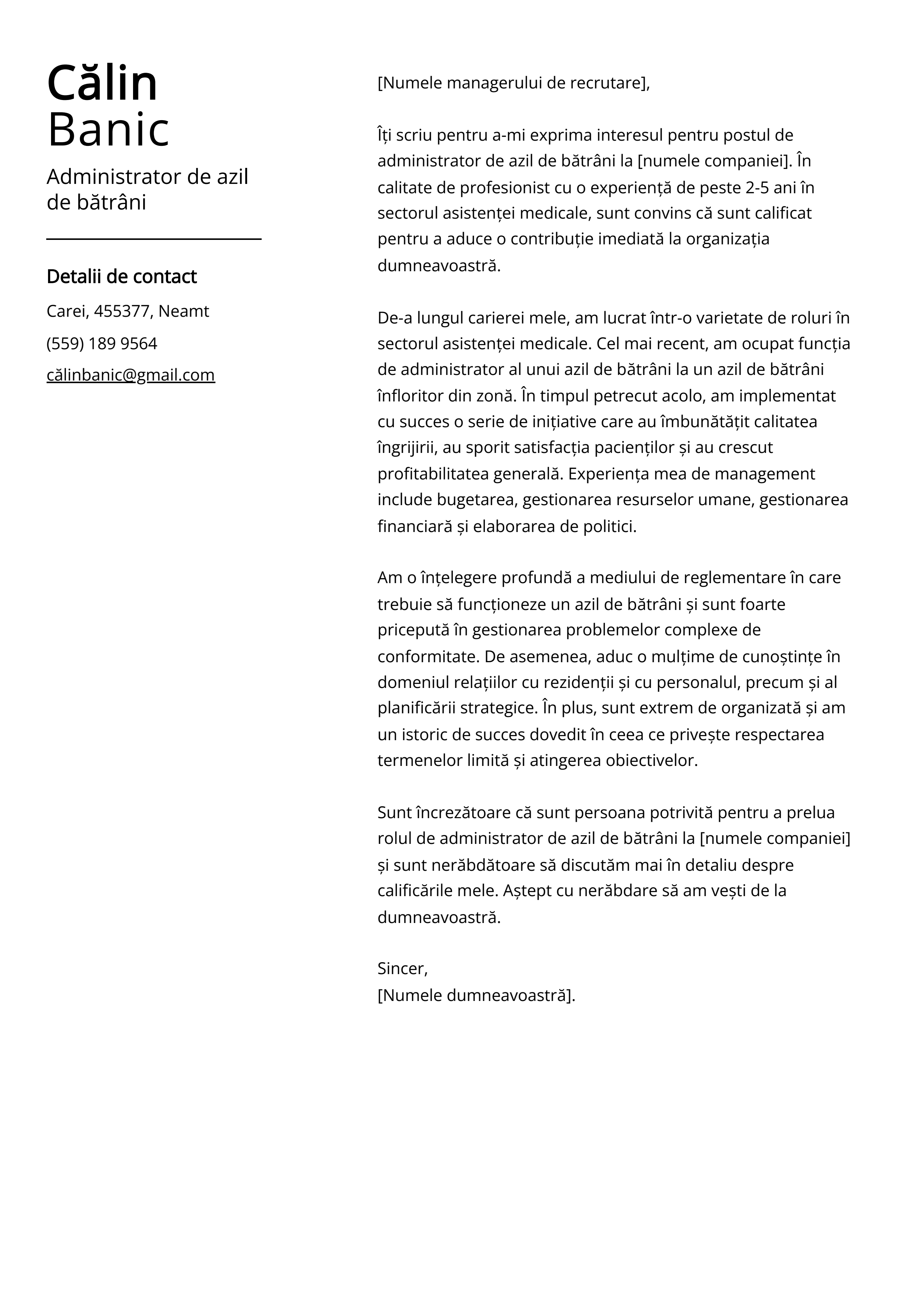 Administrator de azil de bătrâni Cover Letter Example