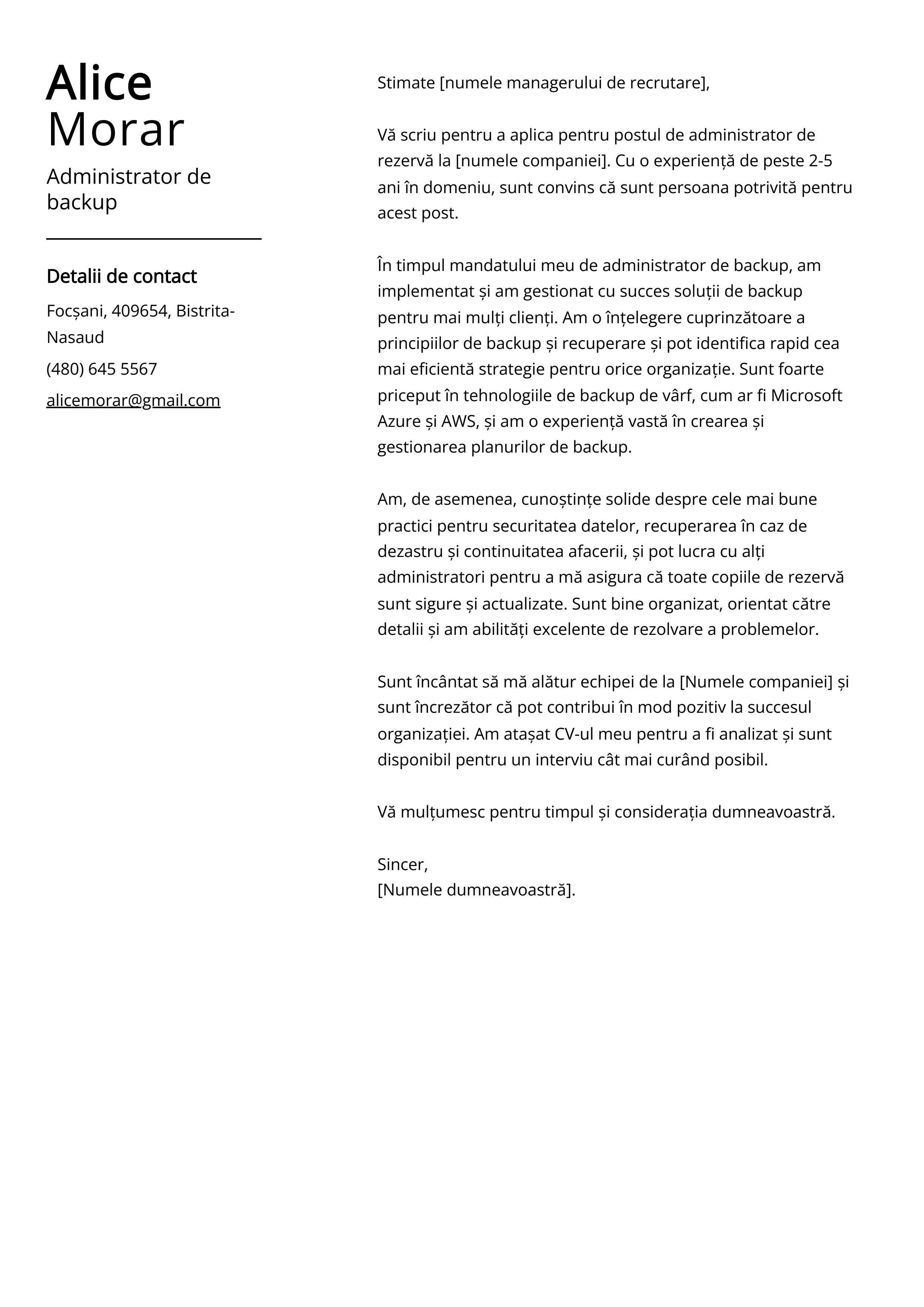 Administrator de backup Cover Letter Exemplu