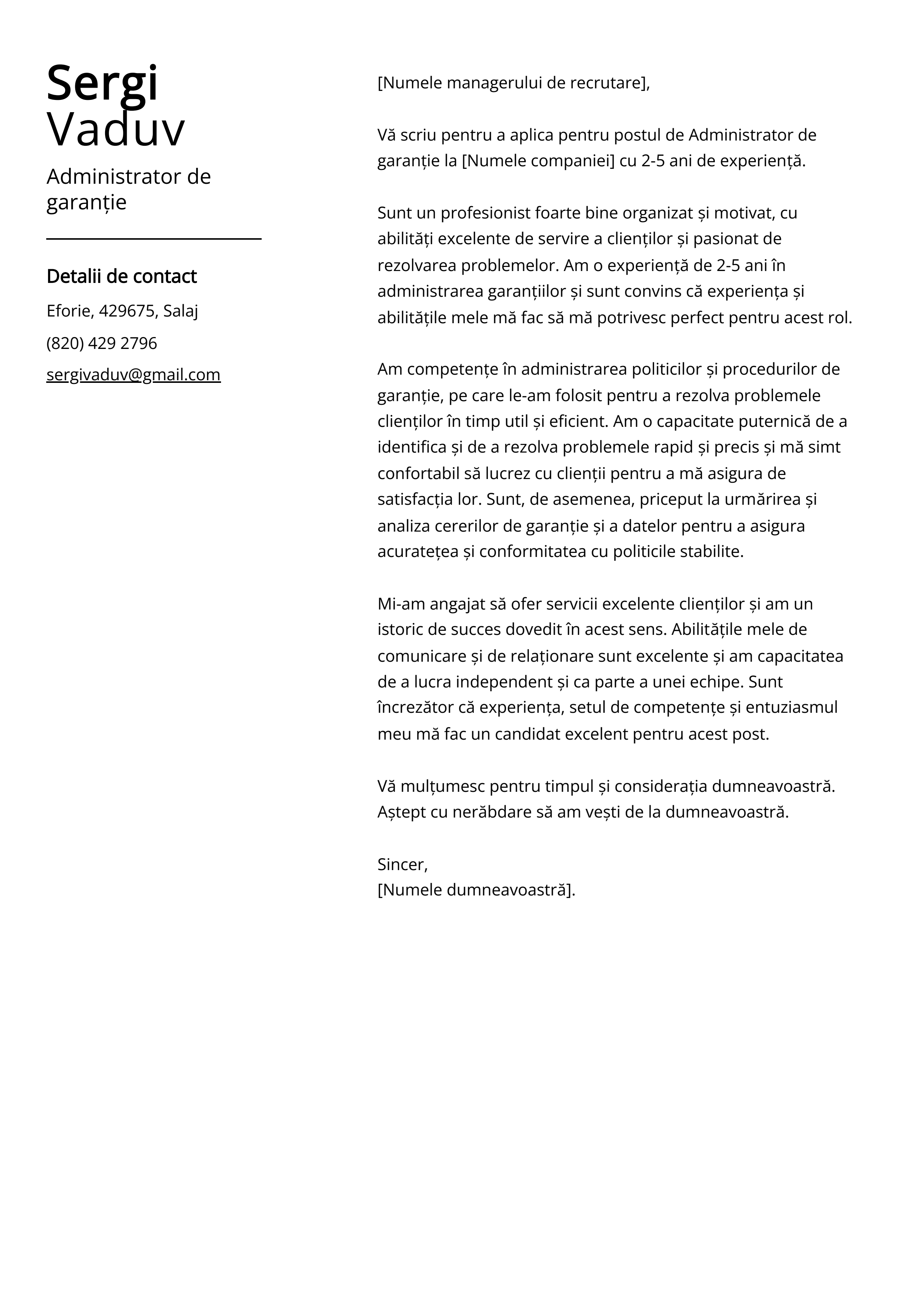 Administrator de garanție Cover Letter Exemplu