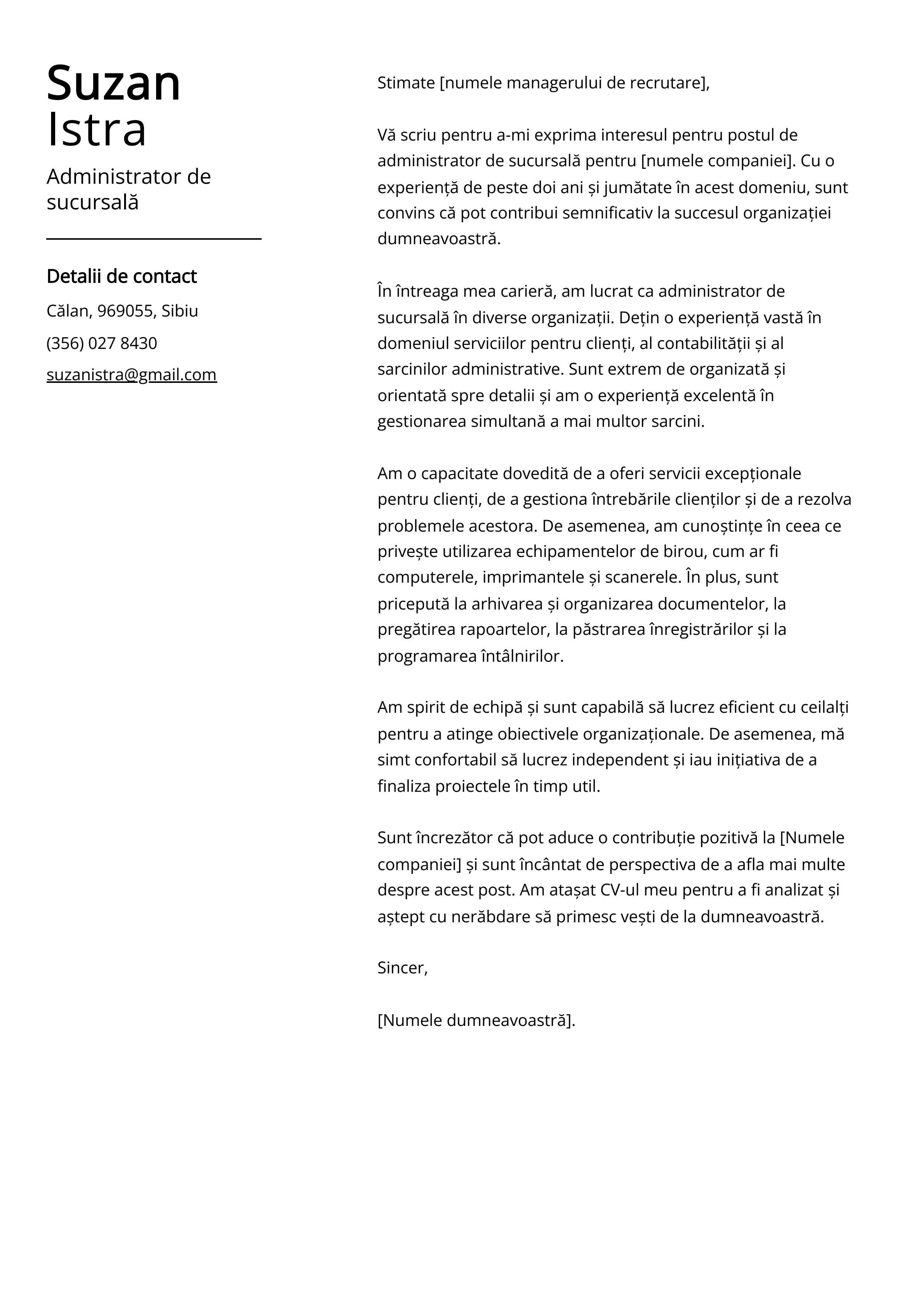 Administrator de sucursală Cover Letter Example