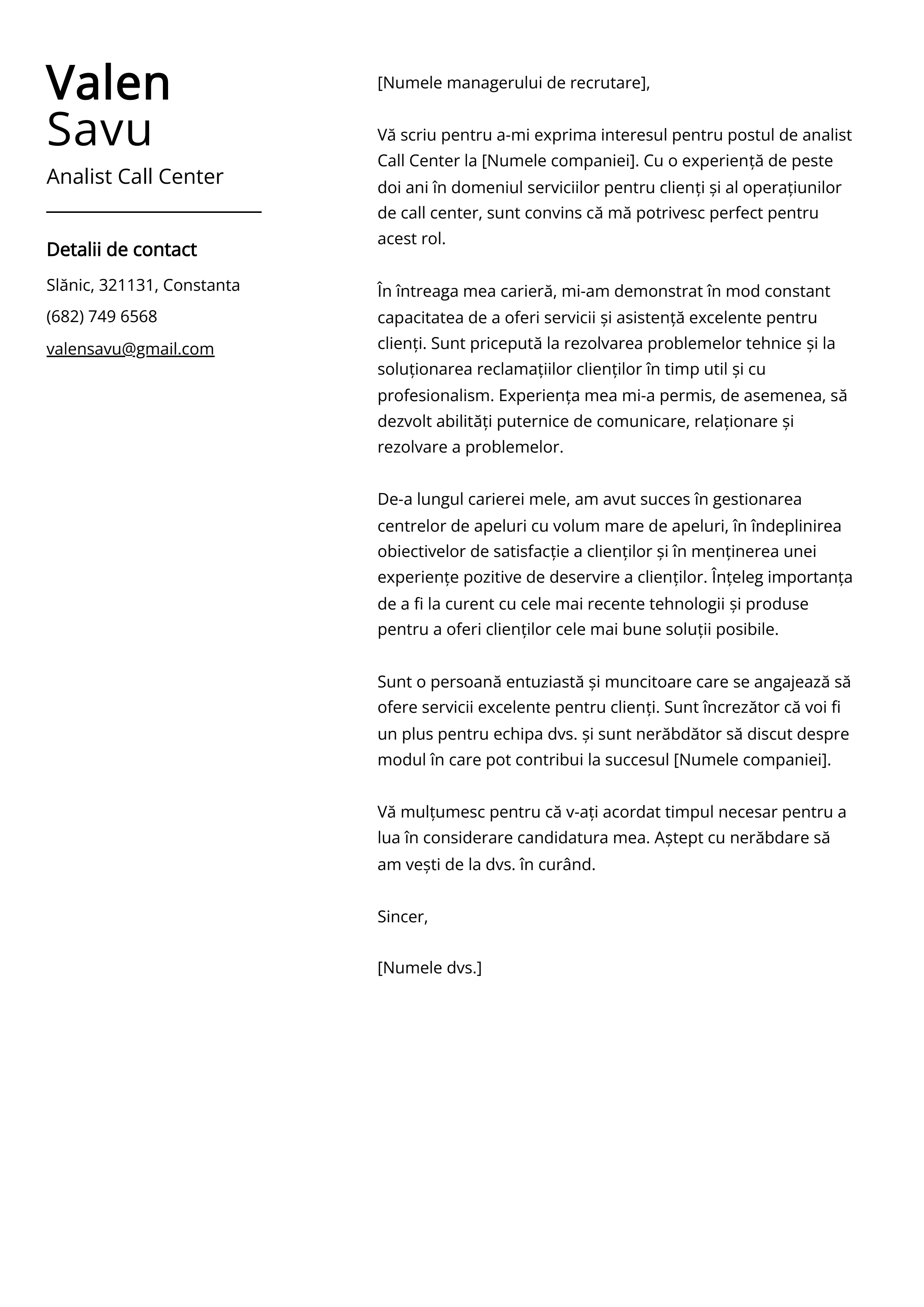 Analist Call Center Cover Letter Exemplu