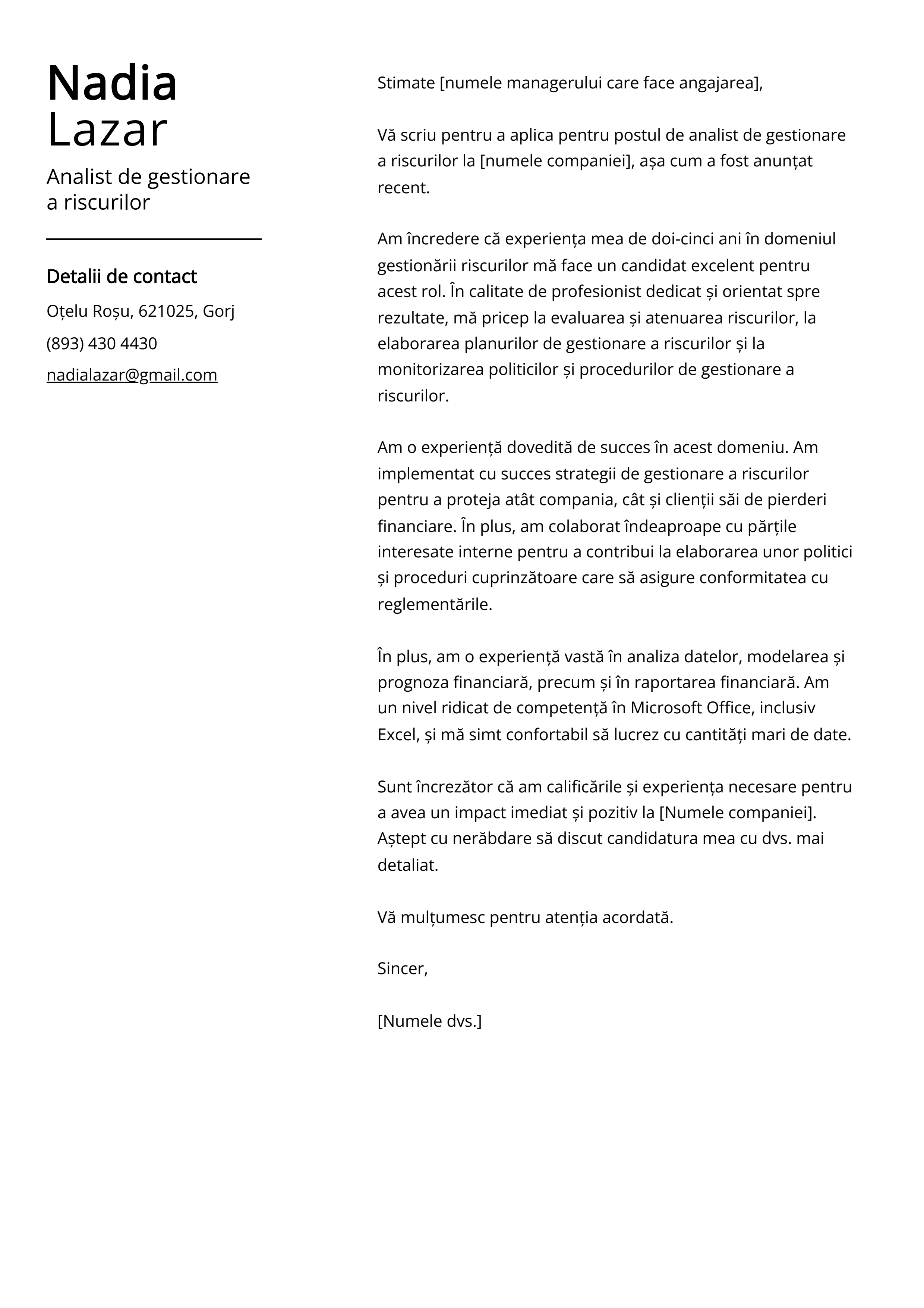 Analist de gestionare a riscurilor Cover Letter Example