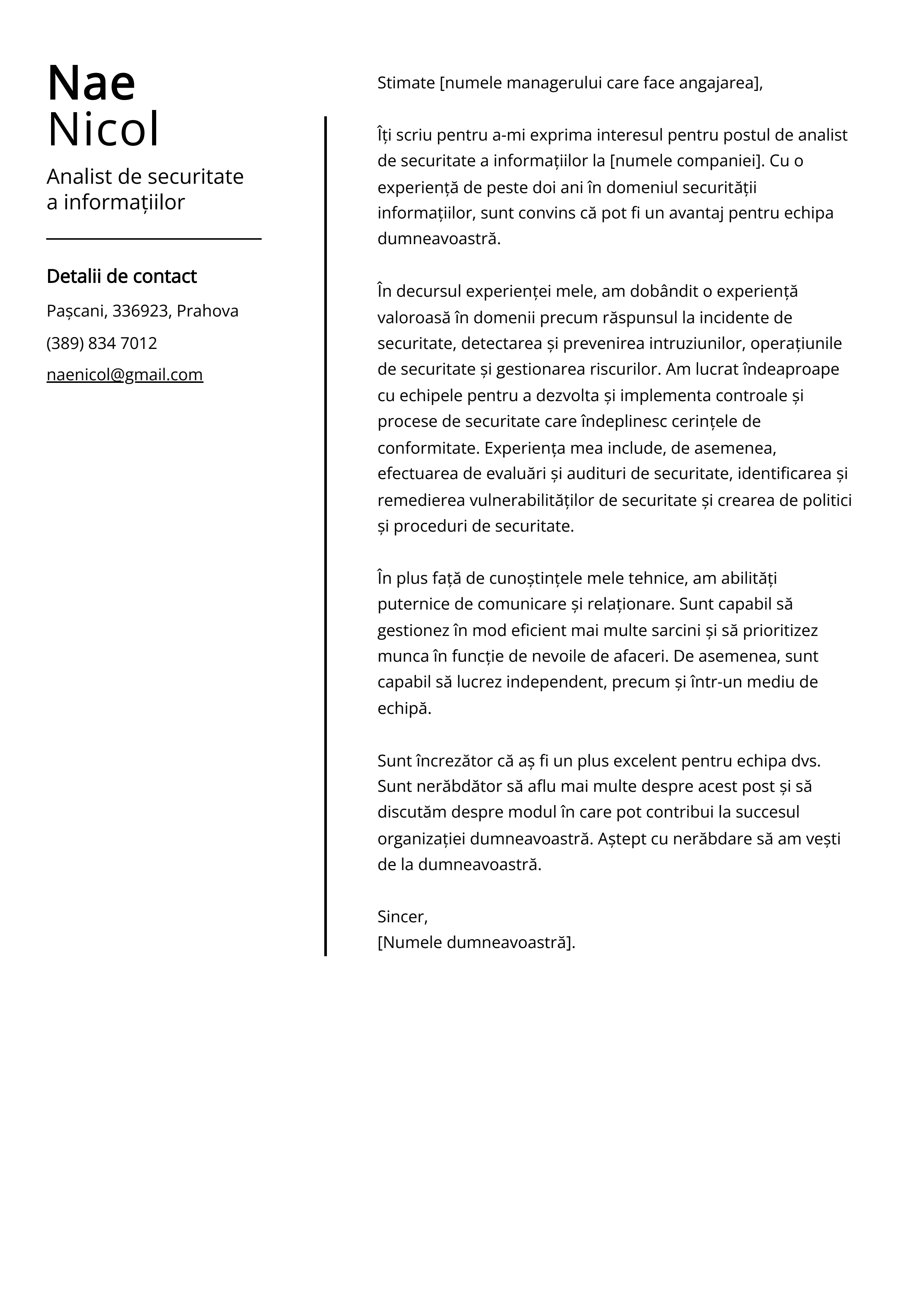 Analist de securitate a informațiilor Cover Letter Example