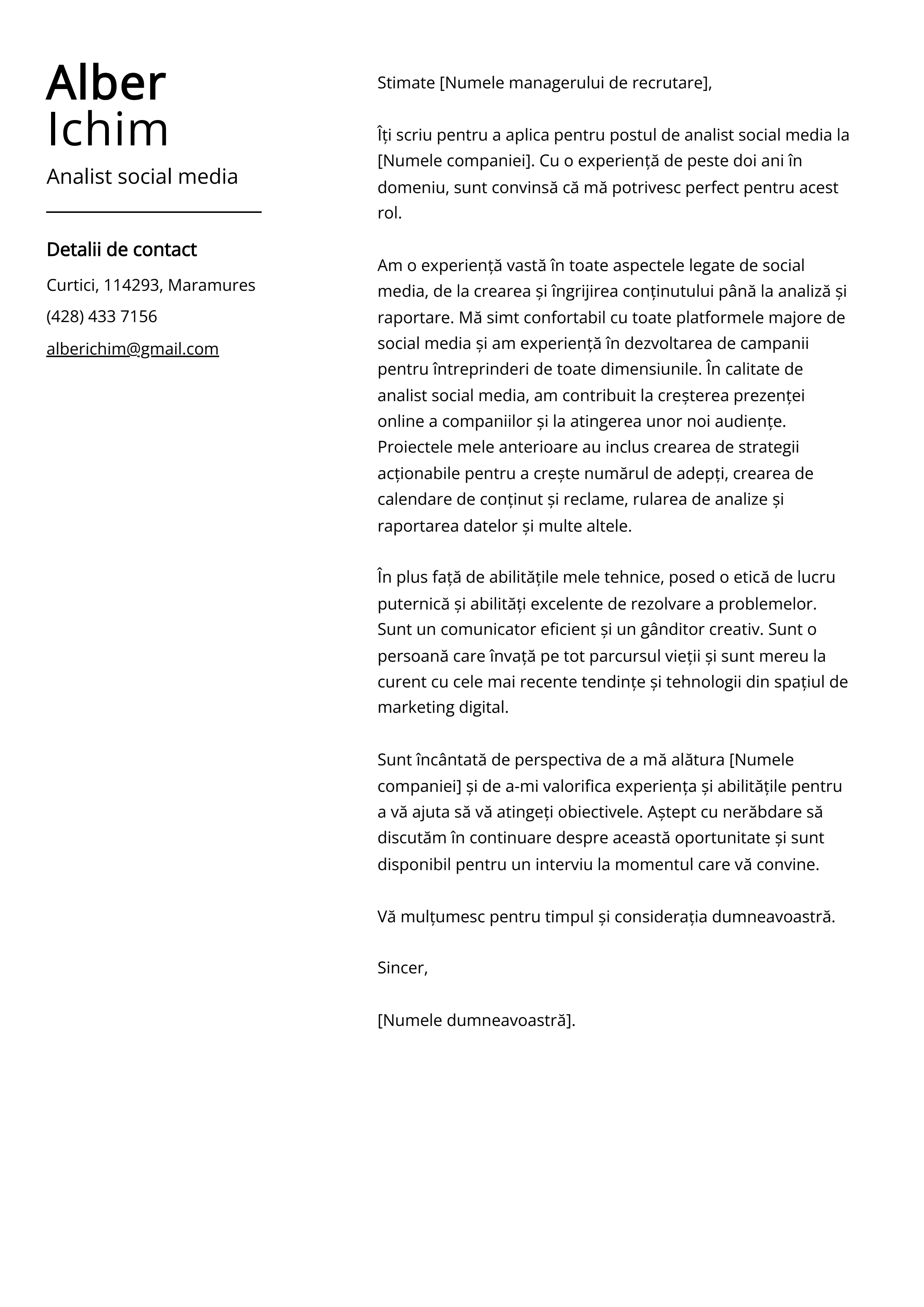 Analist social media Cover Letter Exemplu