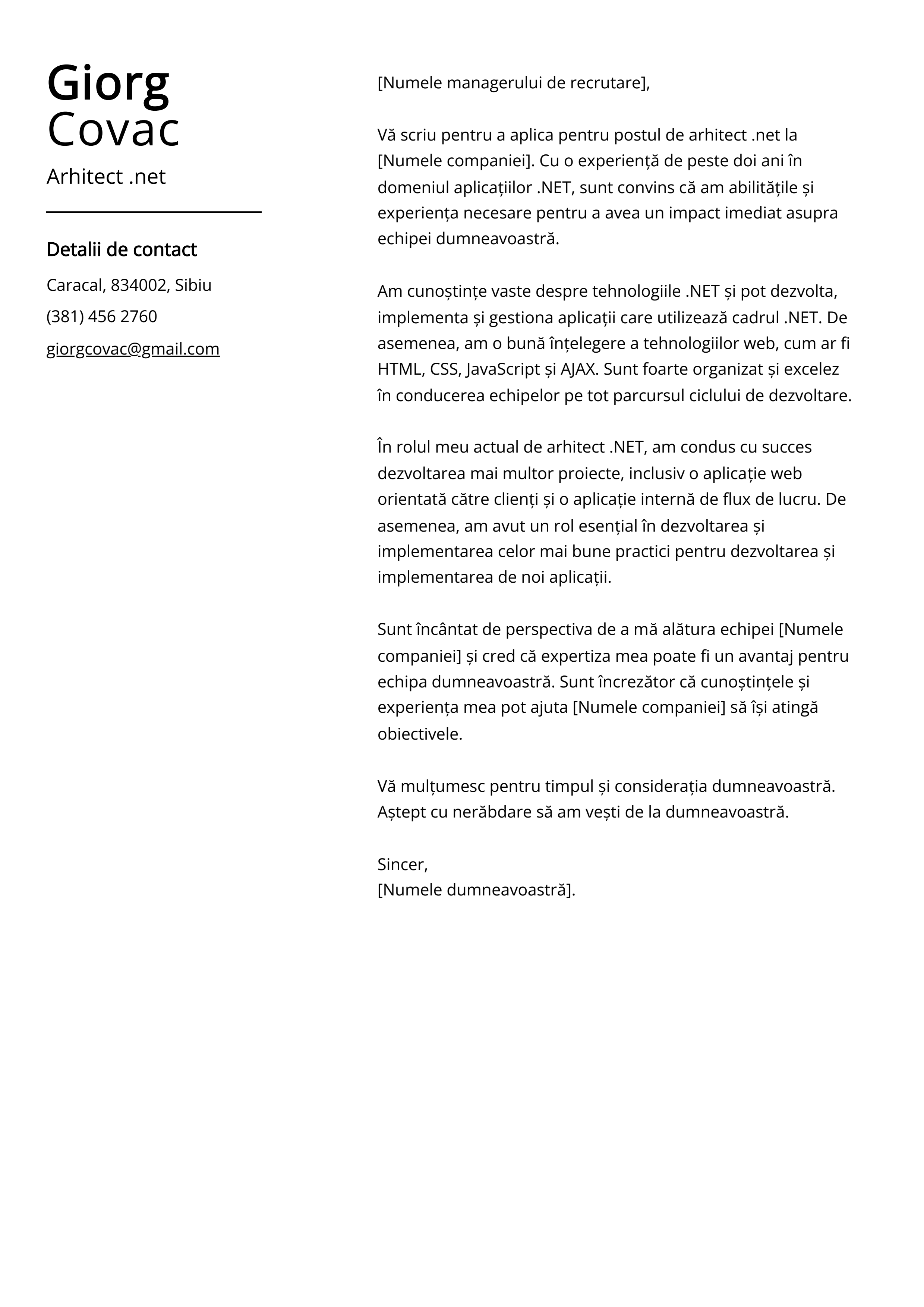 Arhitect .net Cover Letter Exemplu