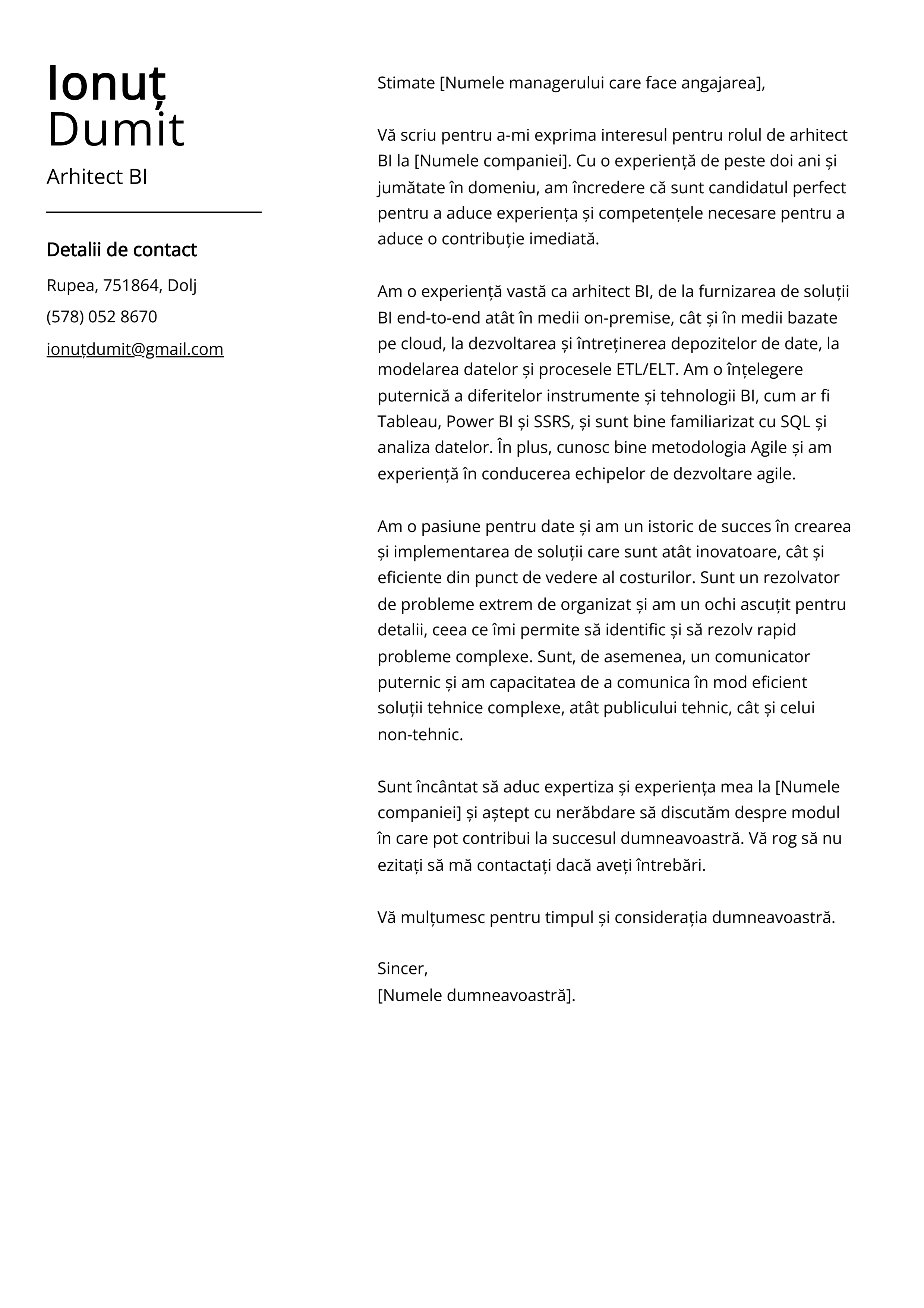 Arhitect BI Cover Letter Exemplu