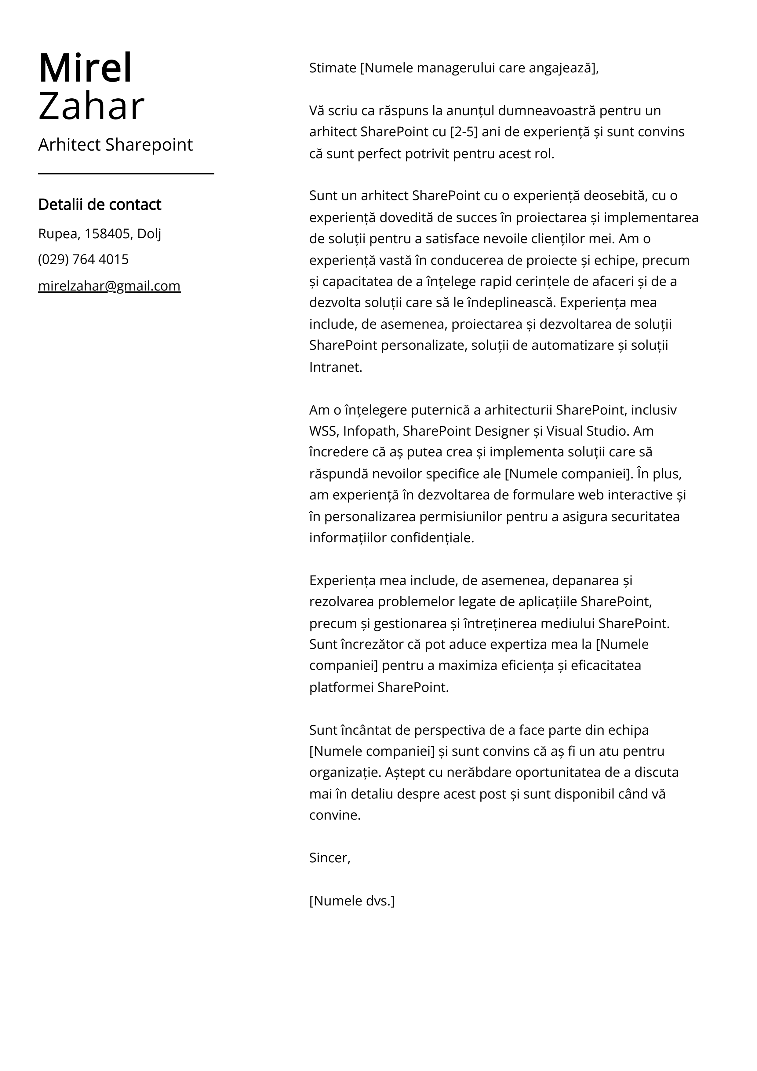 Arhitect Sharepoint Cover Letter Exemplu