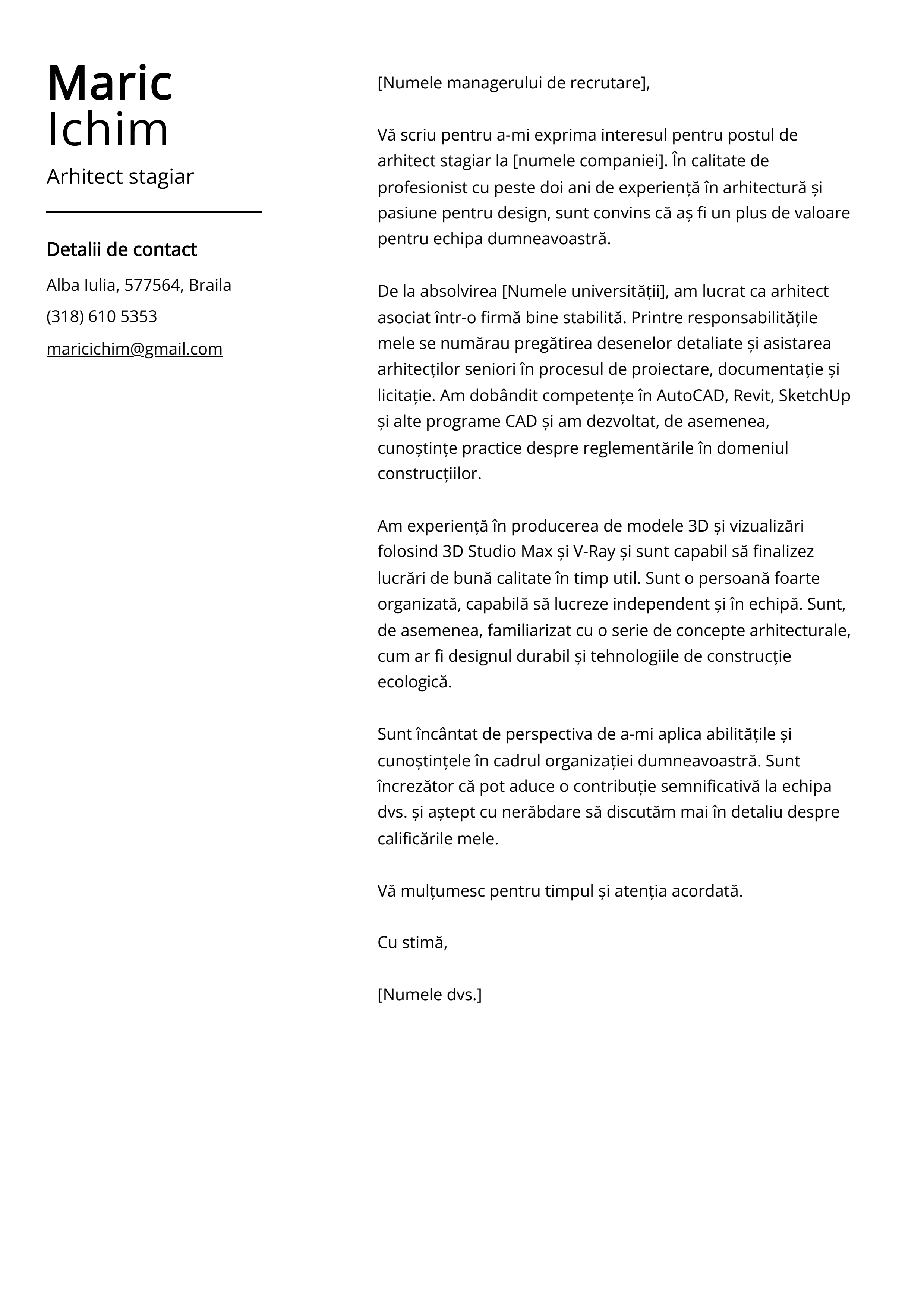 Arhitect stagiar Cover Letter Exemplu