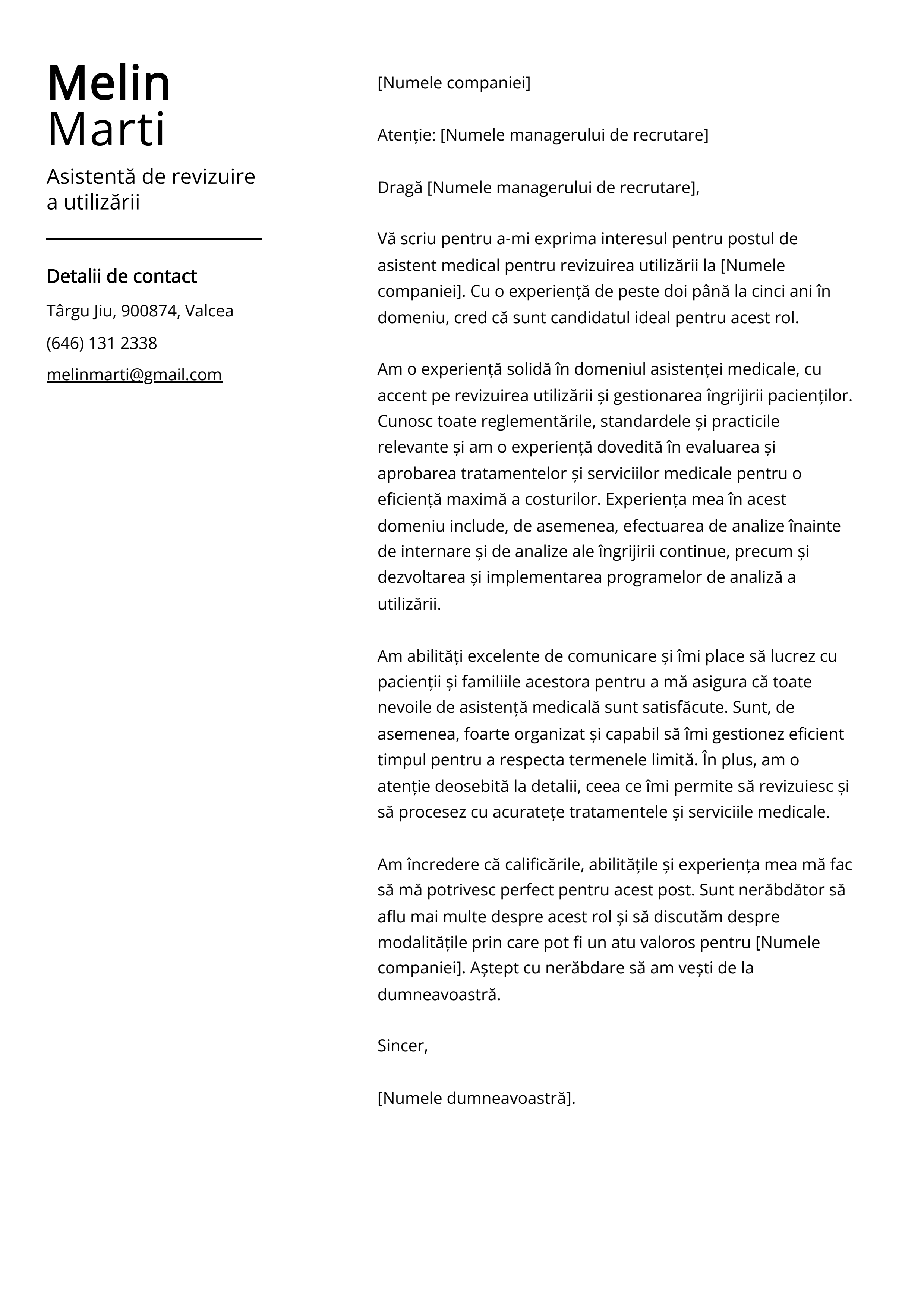 Asistentă de revizuire a utilizării Cover Letter Example