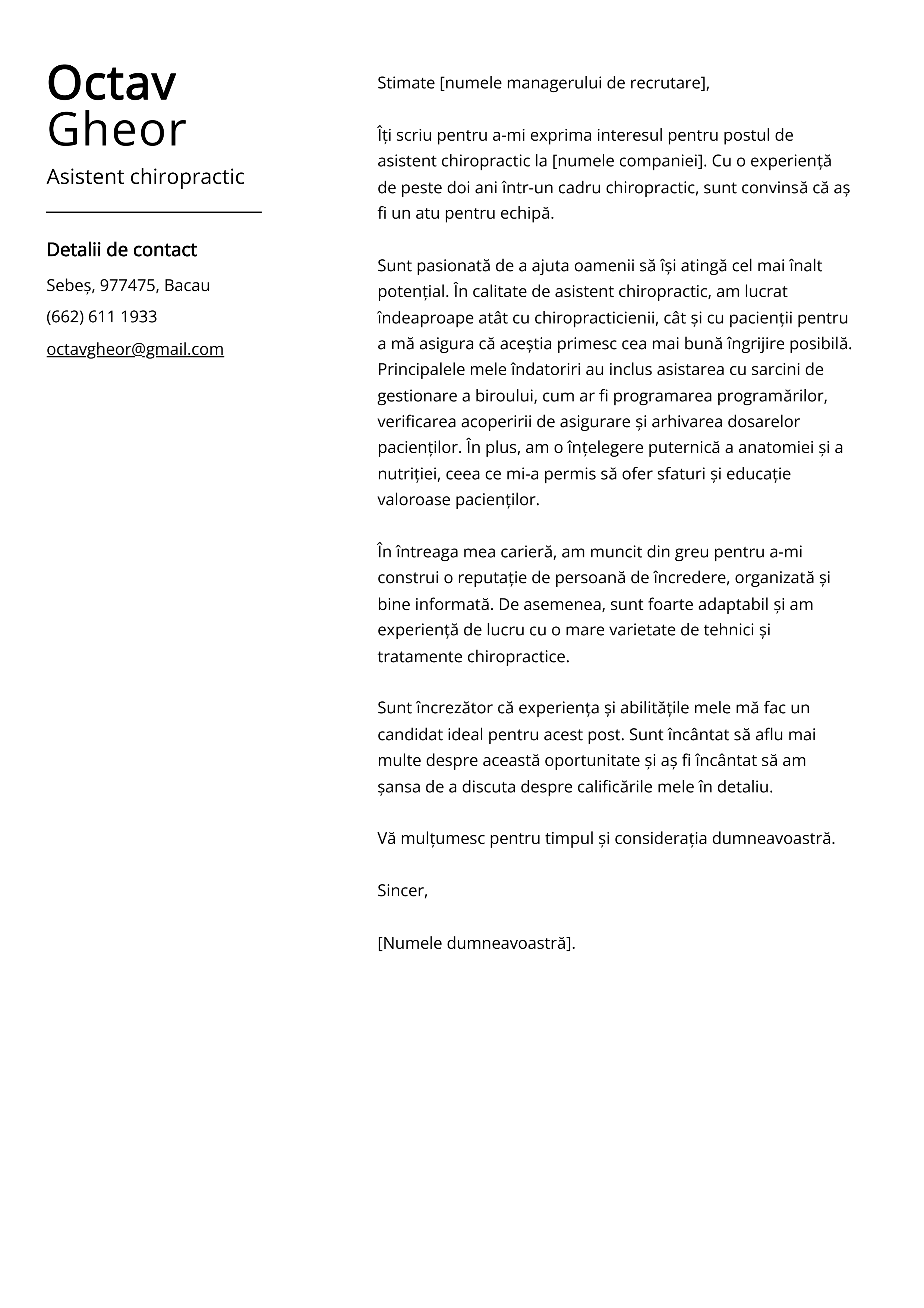 Asistent chiropractic Cover Letter Exemplu