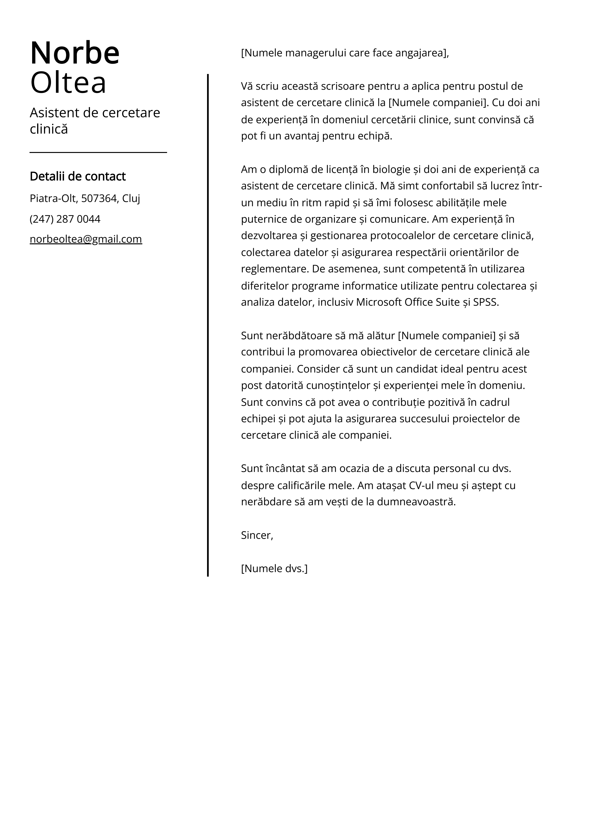 Asistent de cercetare clinică Cover Letter Example