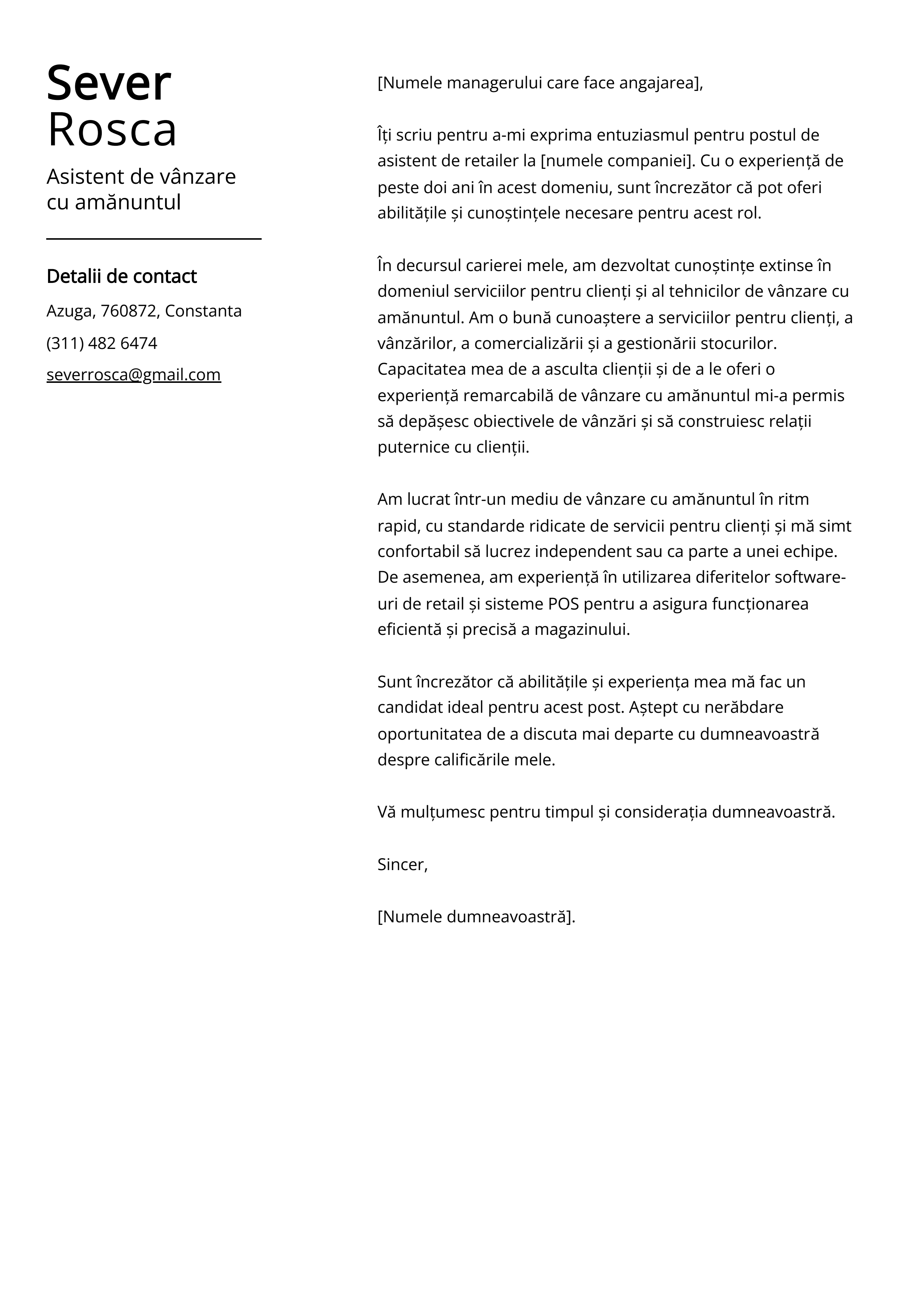 Asistent de vânzare cu amănuntul Cover Letter Example