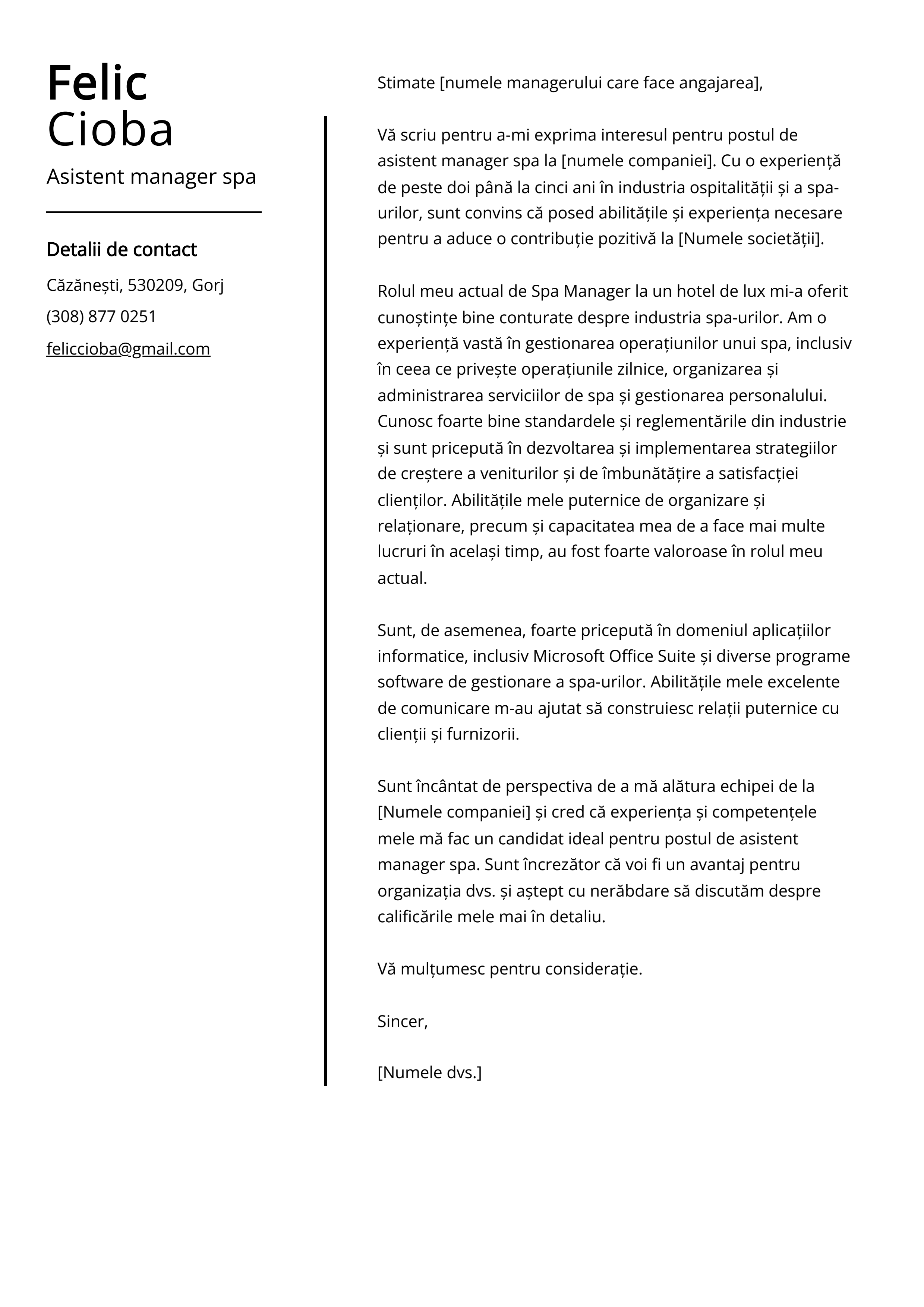 Asistent manager spa Cover Letter Exemplu