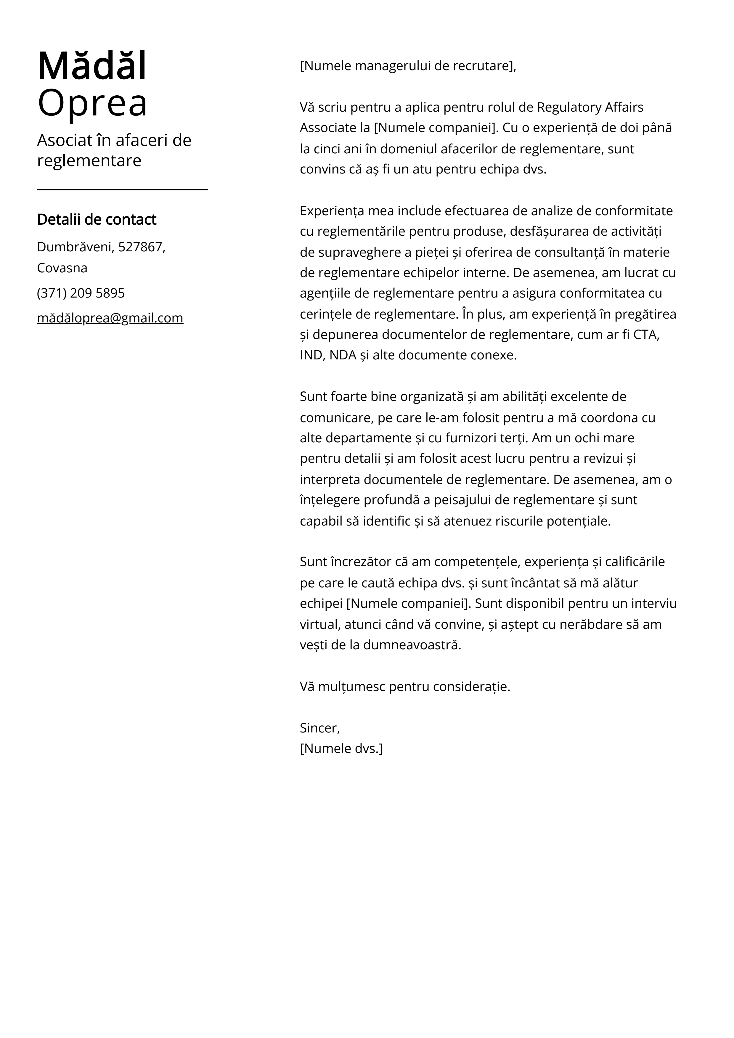 Asociat în afaceri de reglementare Cover Letter Example