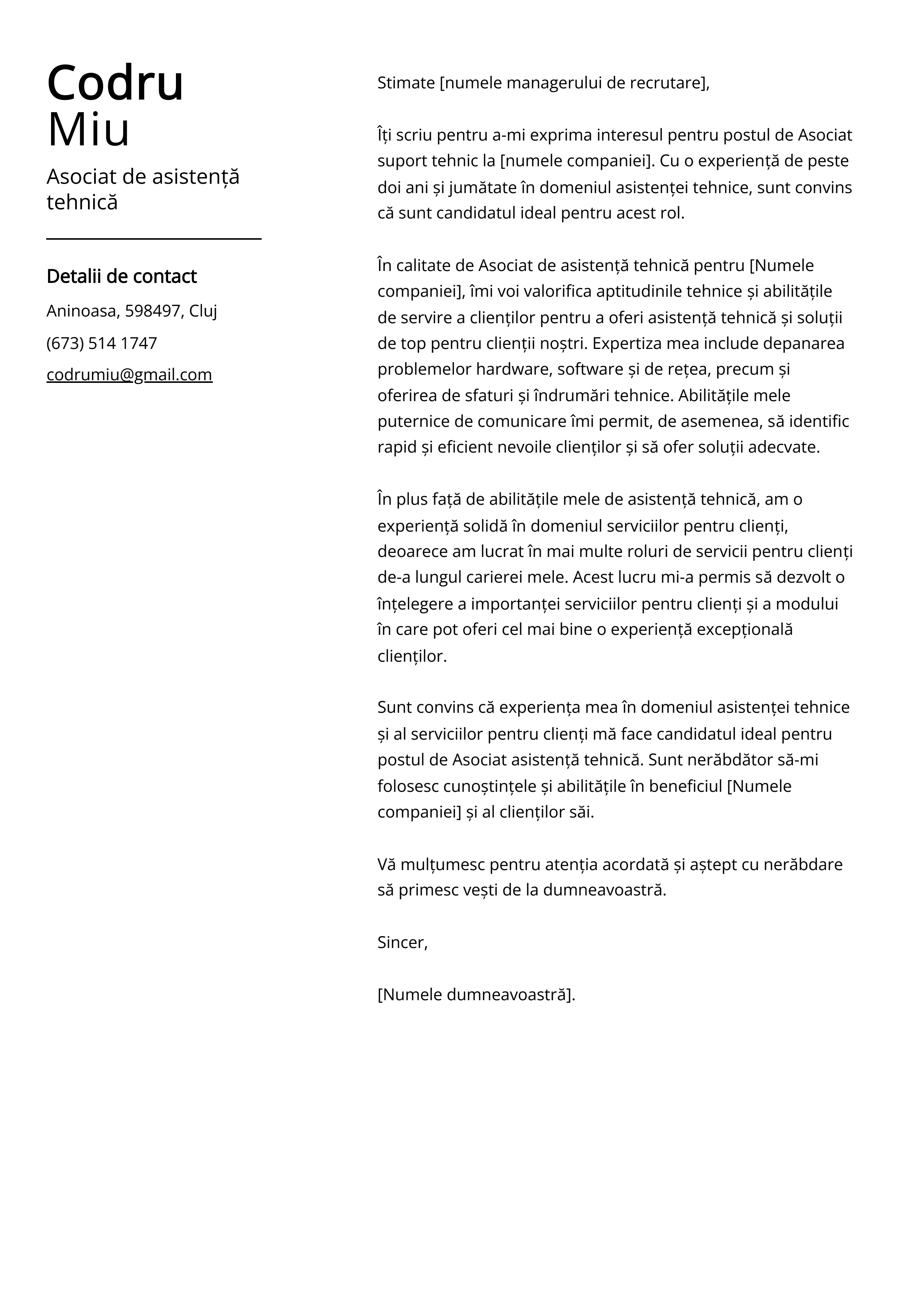 Asociat de asistență tehnică Cover Letter Example