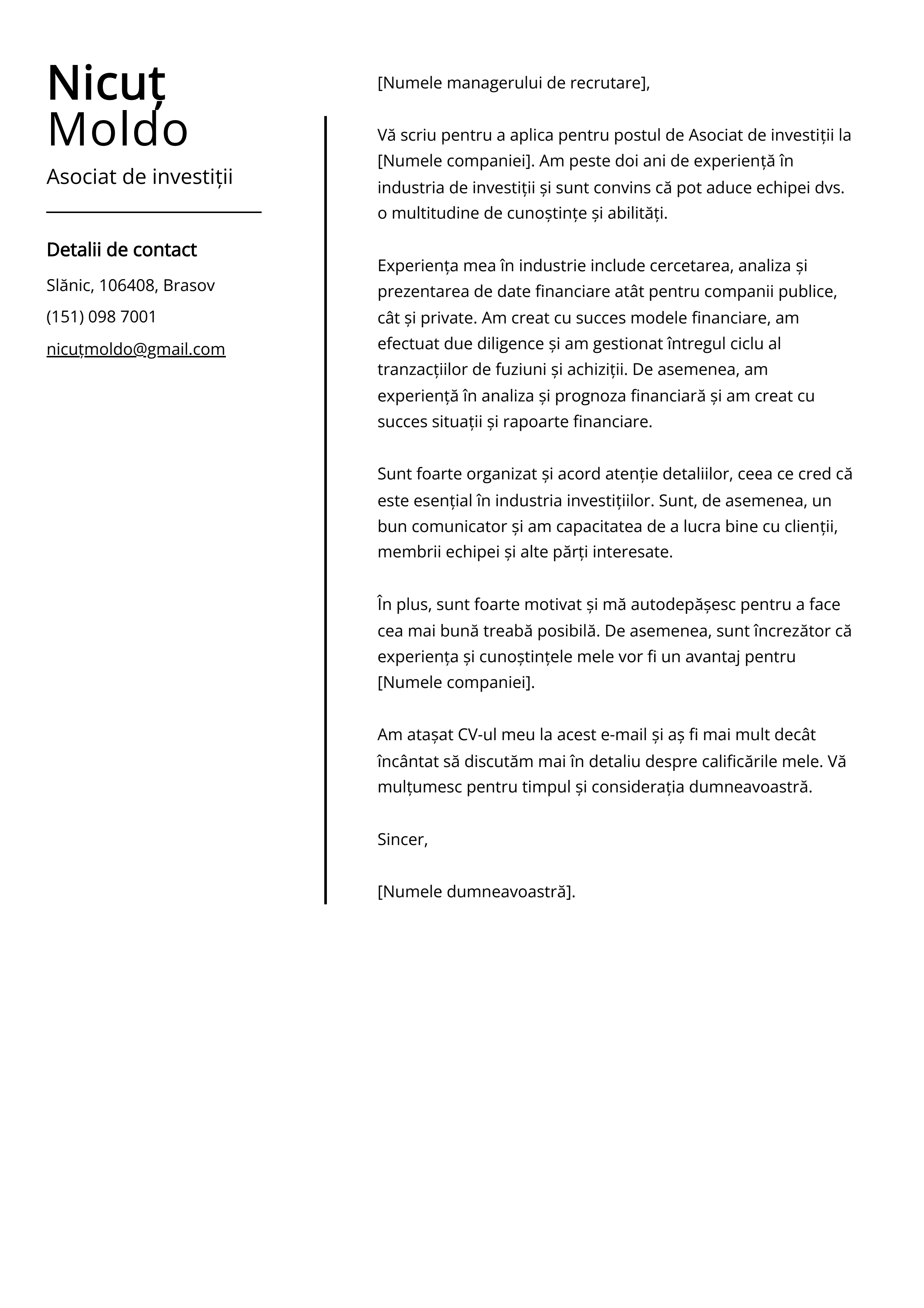 Asociat de investiții Cover Letter Example