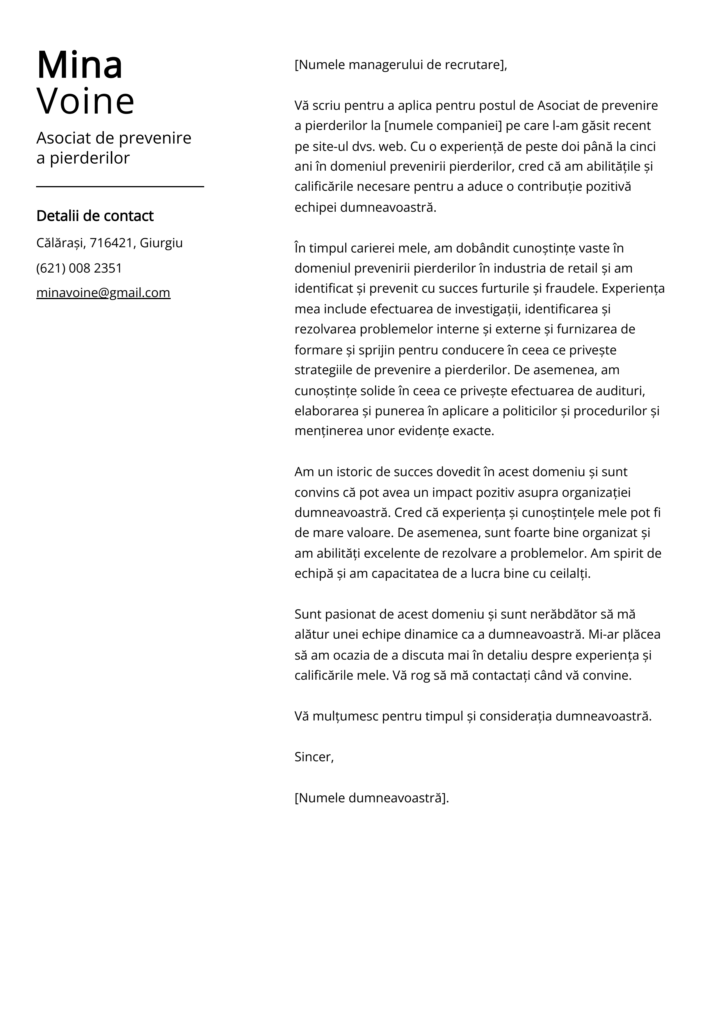 Asociat de prevenire a pierderilor Cover Letter Example