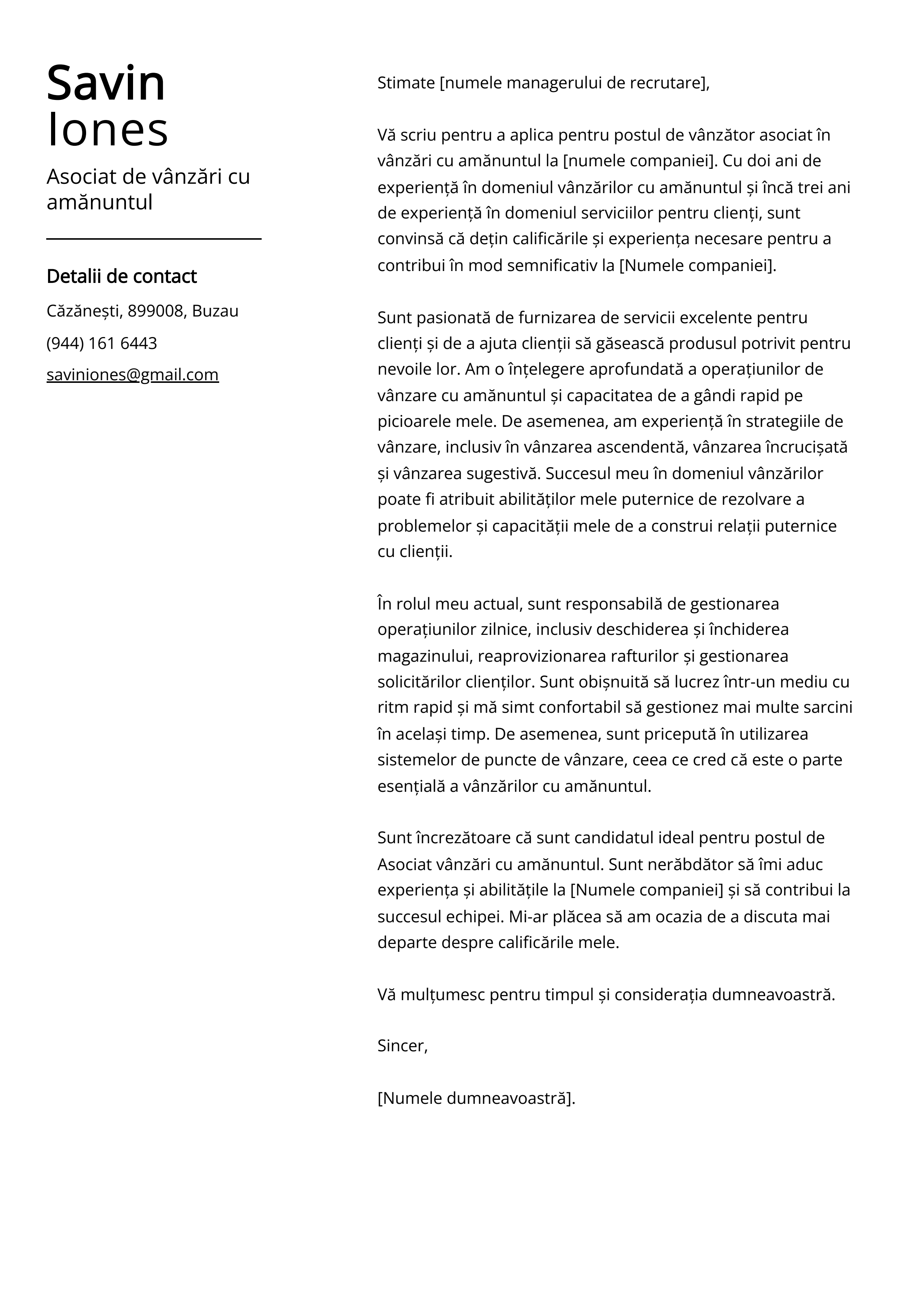 Asociat de vânzări cu amănuntul Cover Letter Example