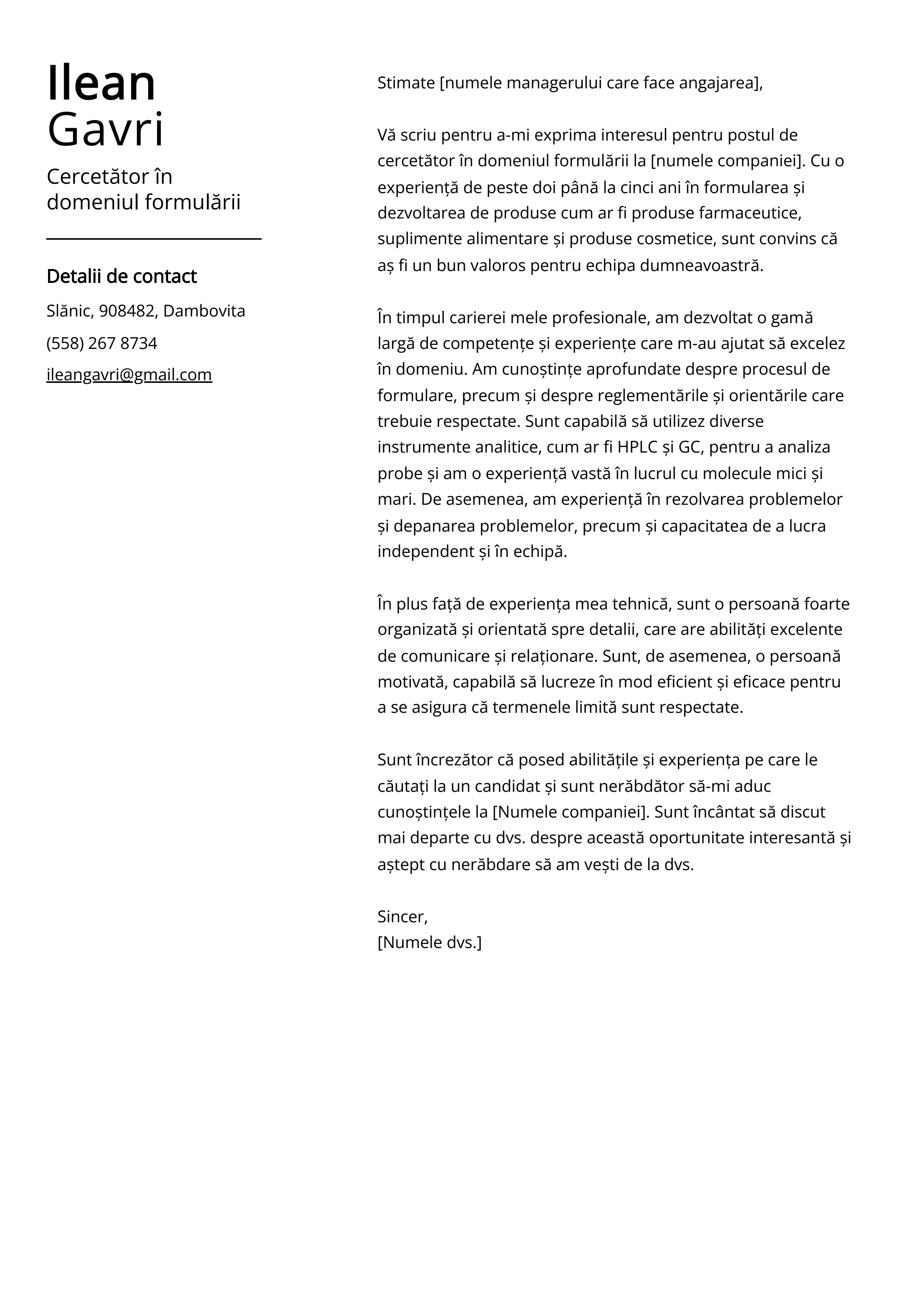 Cercetător în domeniul formulării Cover Letter Example