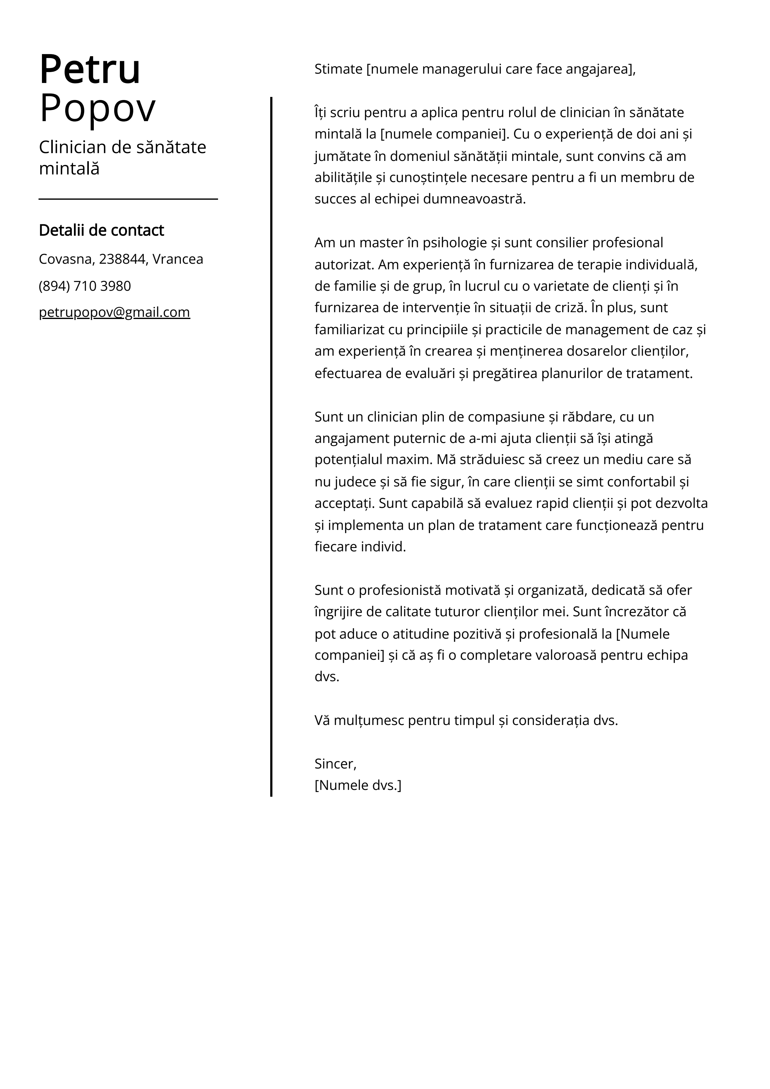 Clinician de sănătate mintală Cover Letter Example