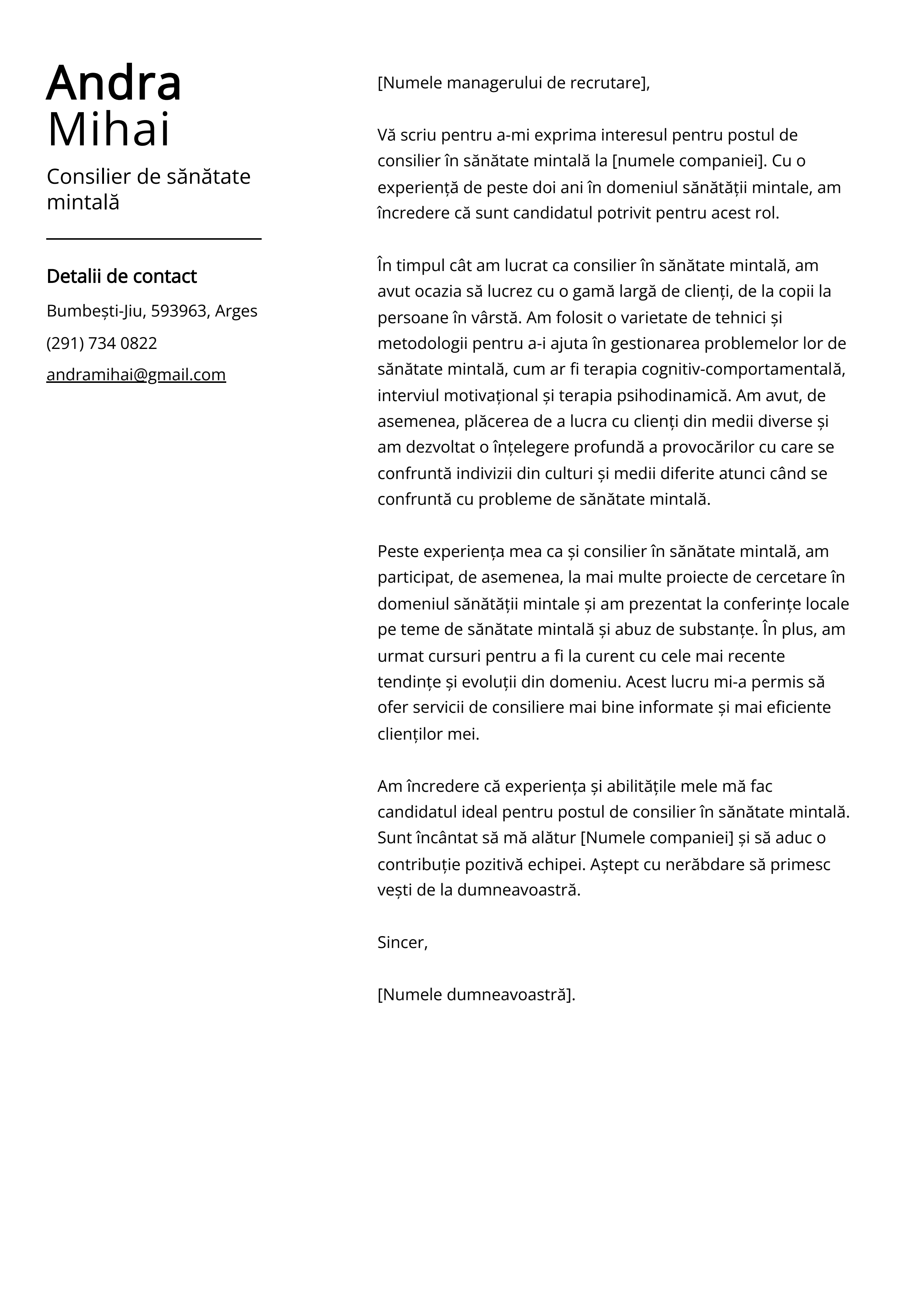 Consilier de sănătate mintală Cover Letter Example