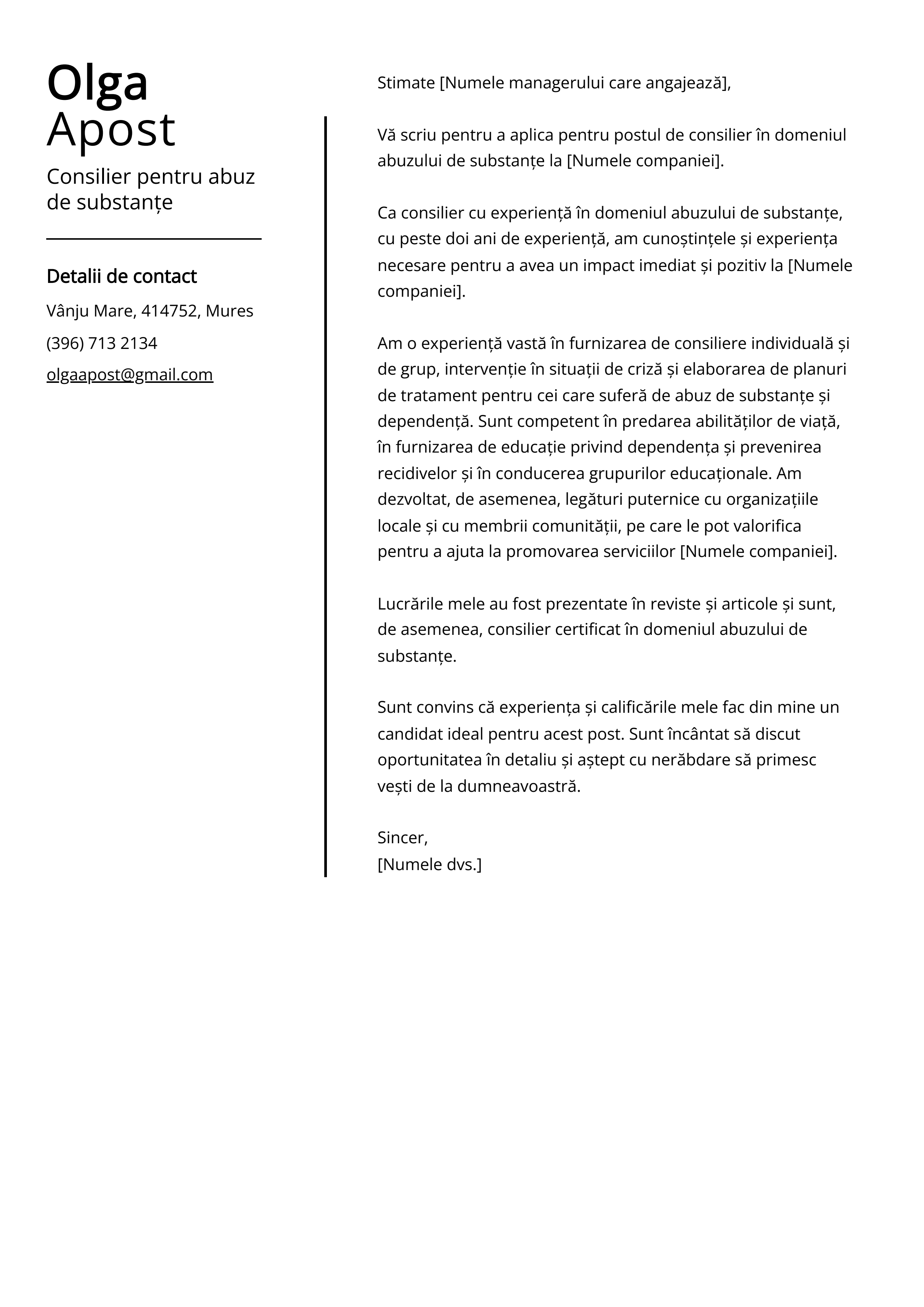 Consilier pentru abuz de substanțe Cover Letter Example