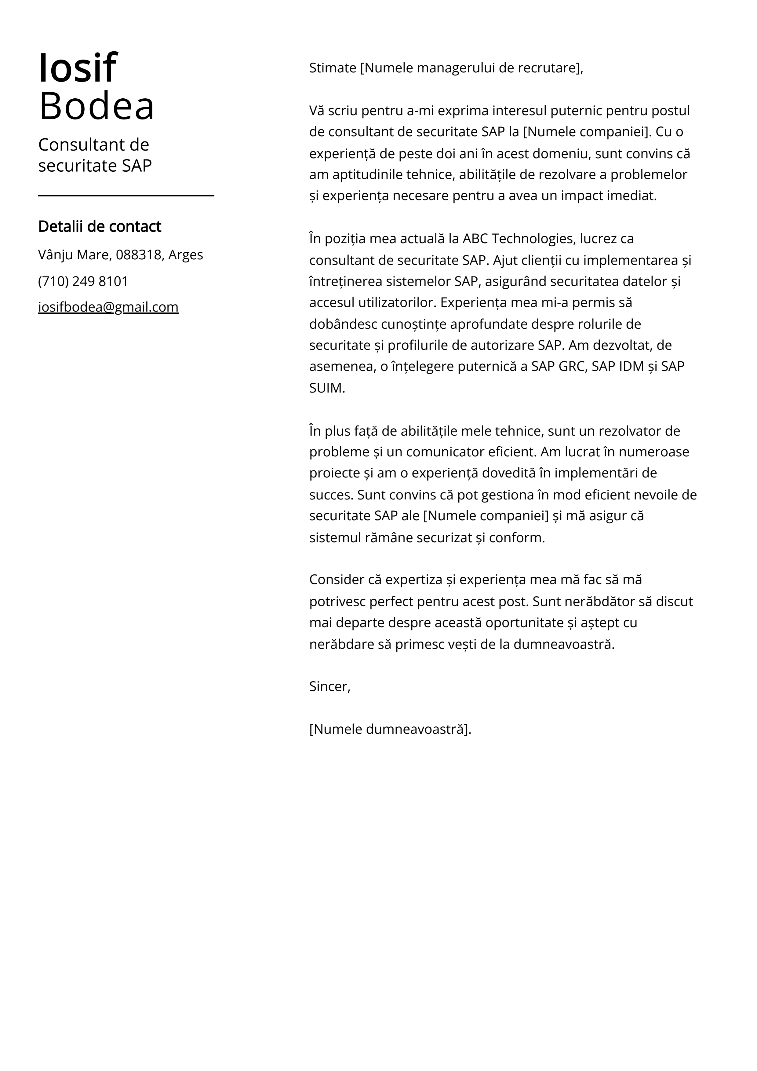 Consultant de securitate SAP Cover Letter Example