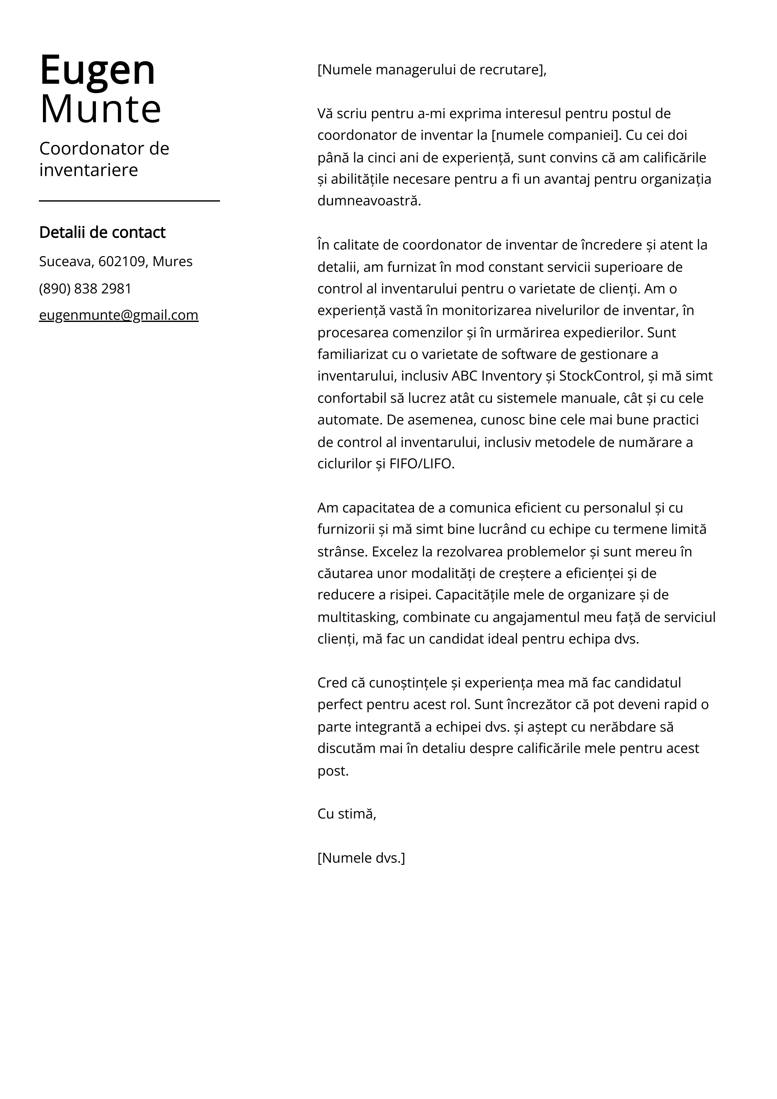 Coordonator de inventariere Cover Letter Example