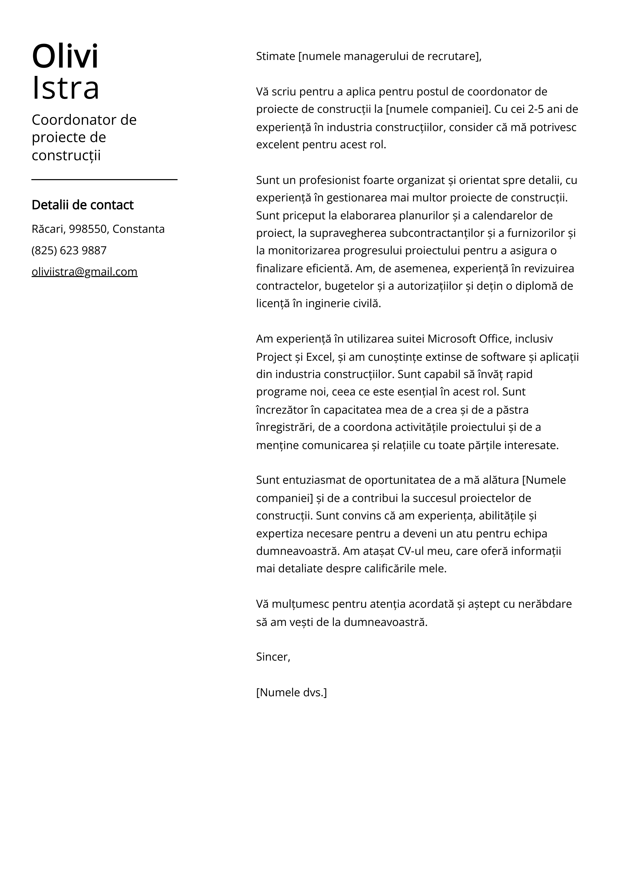 Coordonator de proiecte de construcții Cover Letter Example