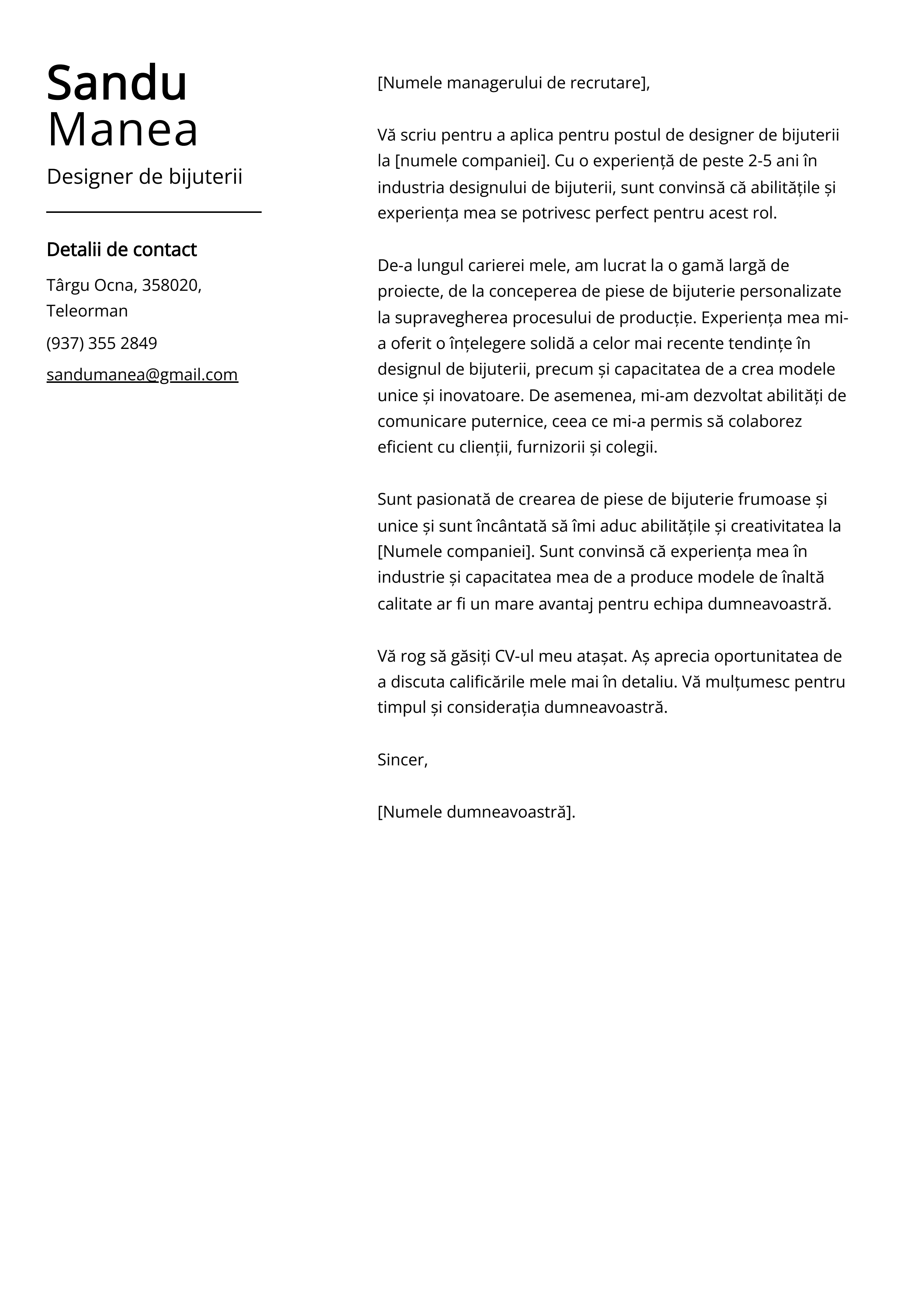 Designer de bijuterii Cover Letter Exemplu