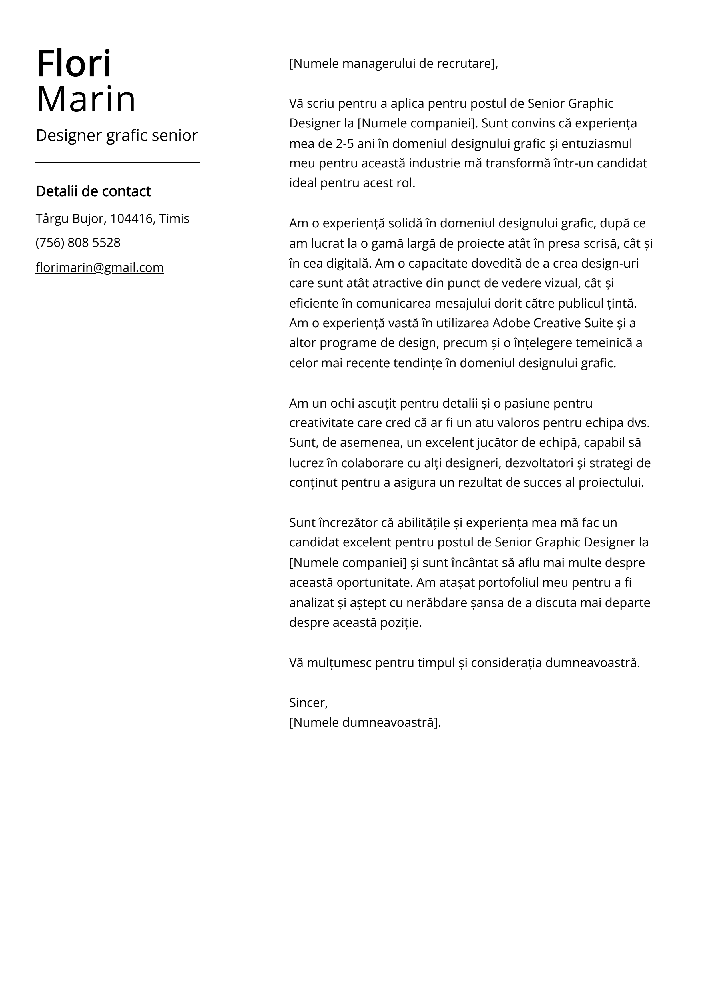 Designer grafic senior Cover Letter Exemplu