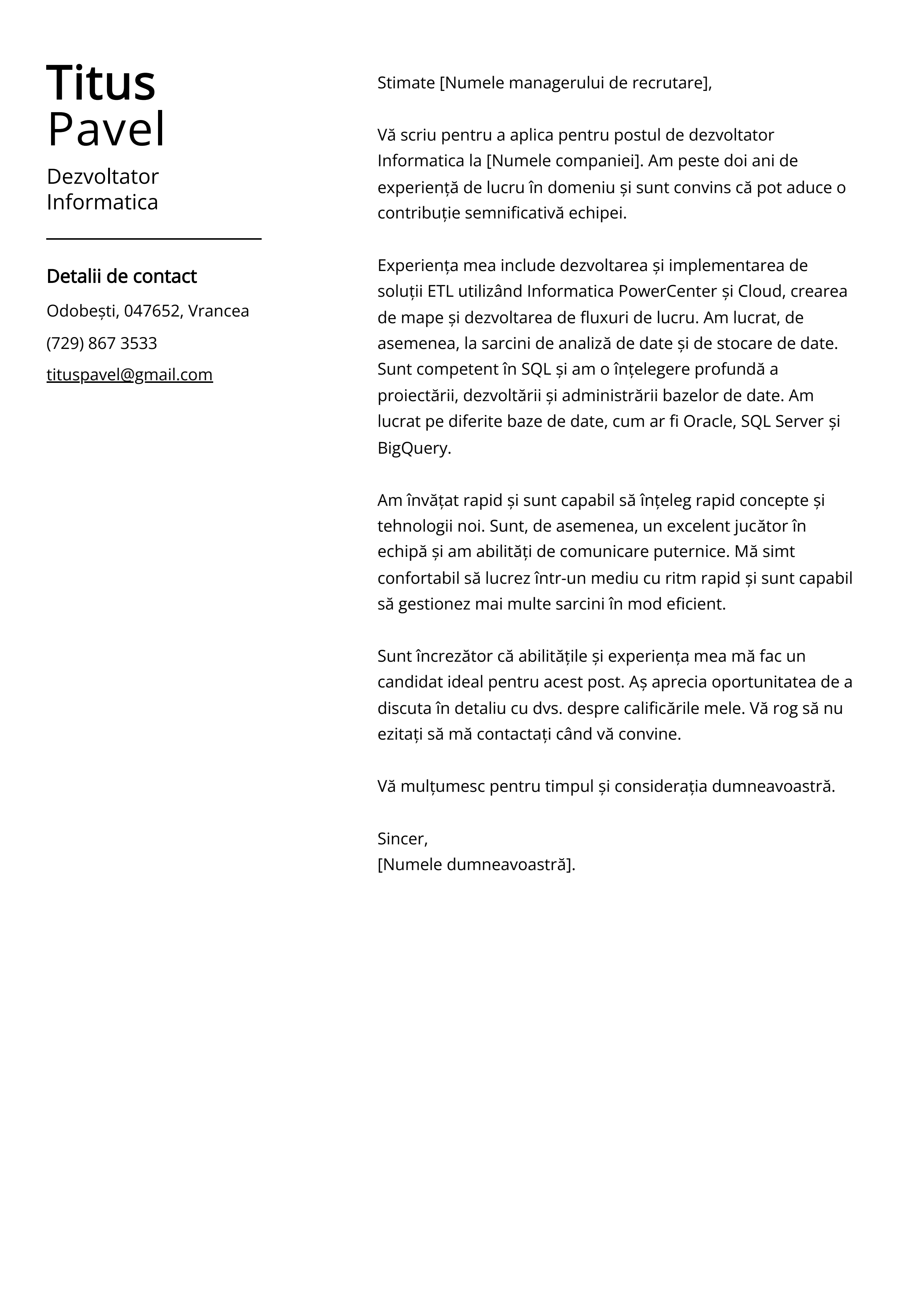 Dezvoltator Informatica Cover Letter Example