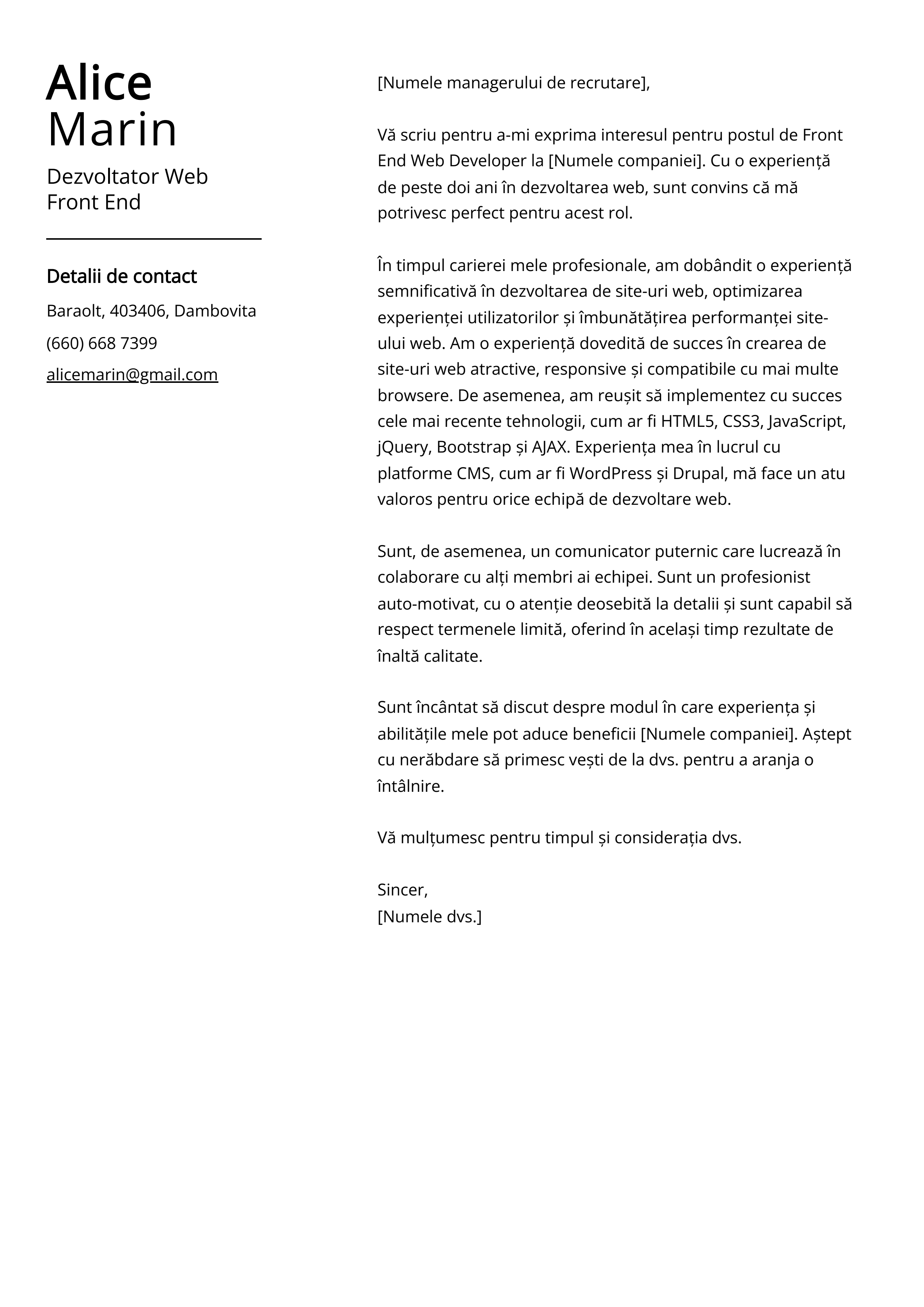 Dezvoltator Web Front End Cover Letter Exemplu