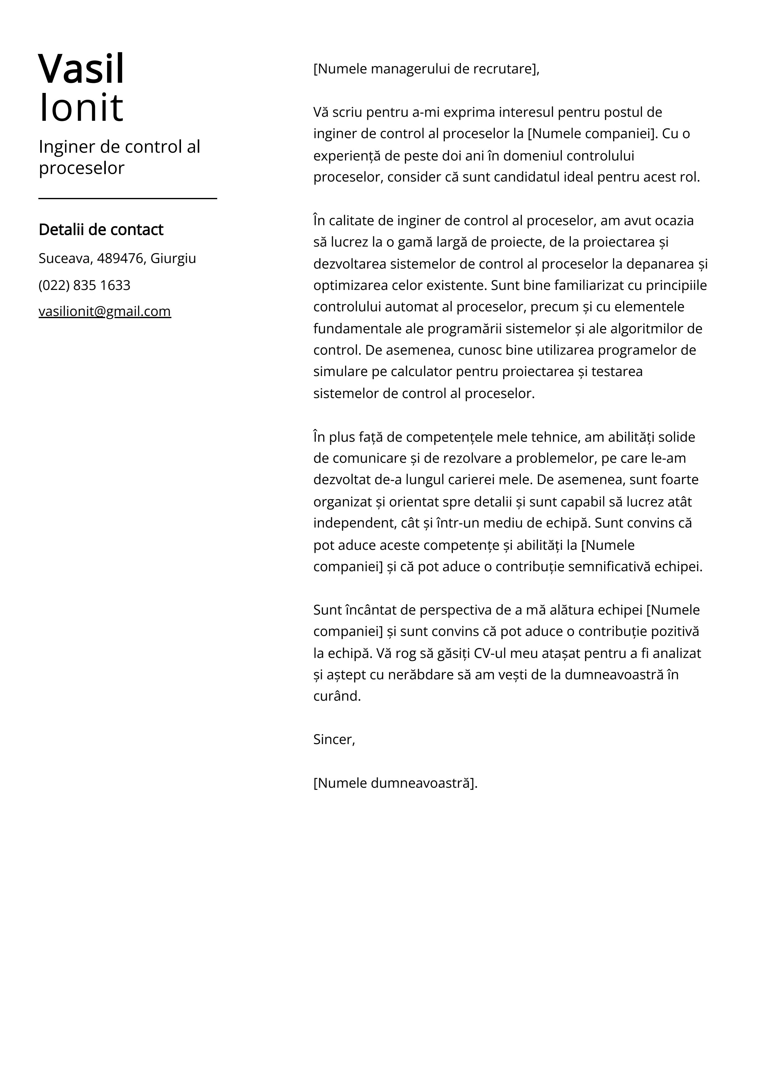 Inginer de control al proceselor Cover Letter Example