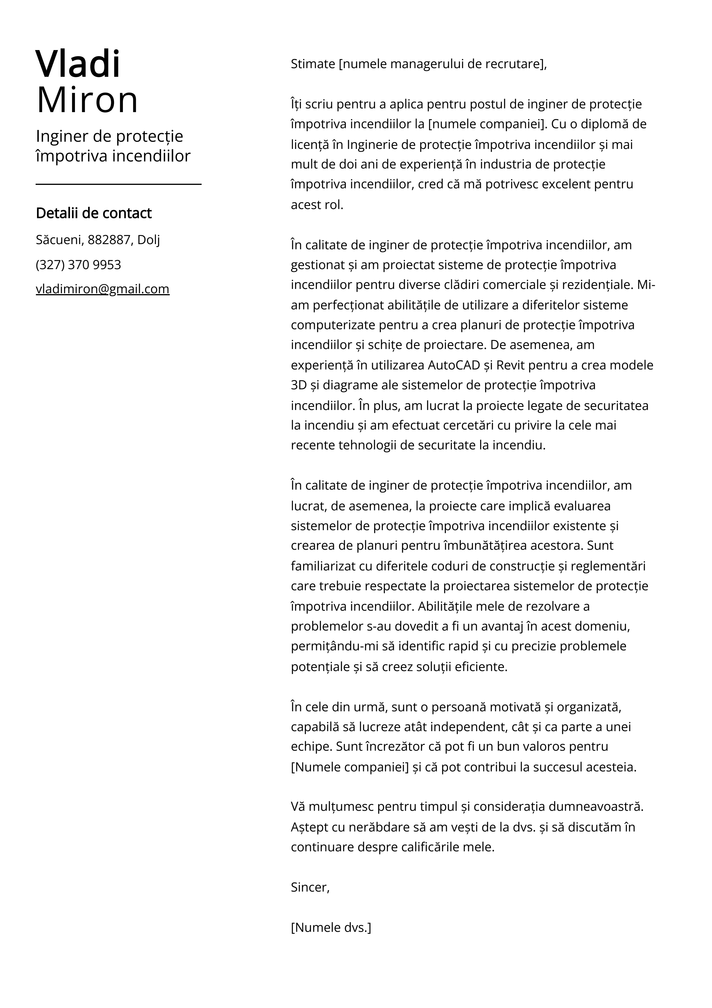 Inginer de protecție împotriva incendiilor Cover Letter Example