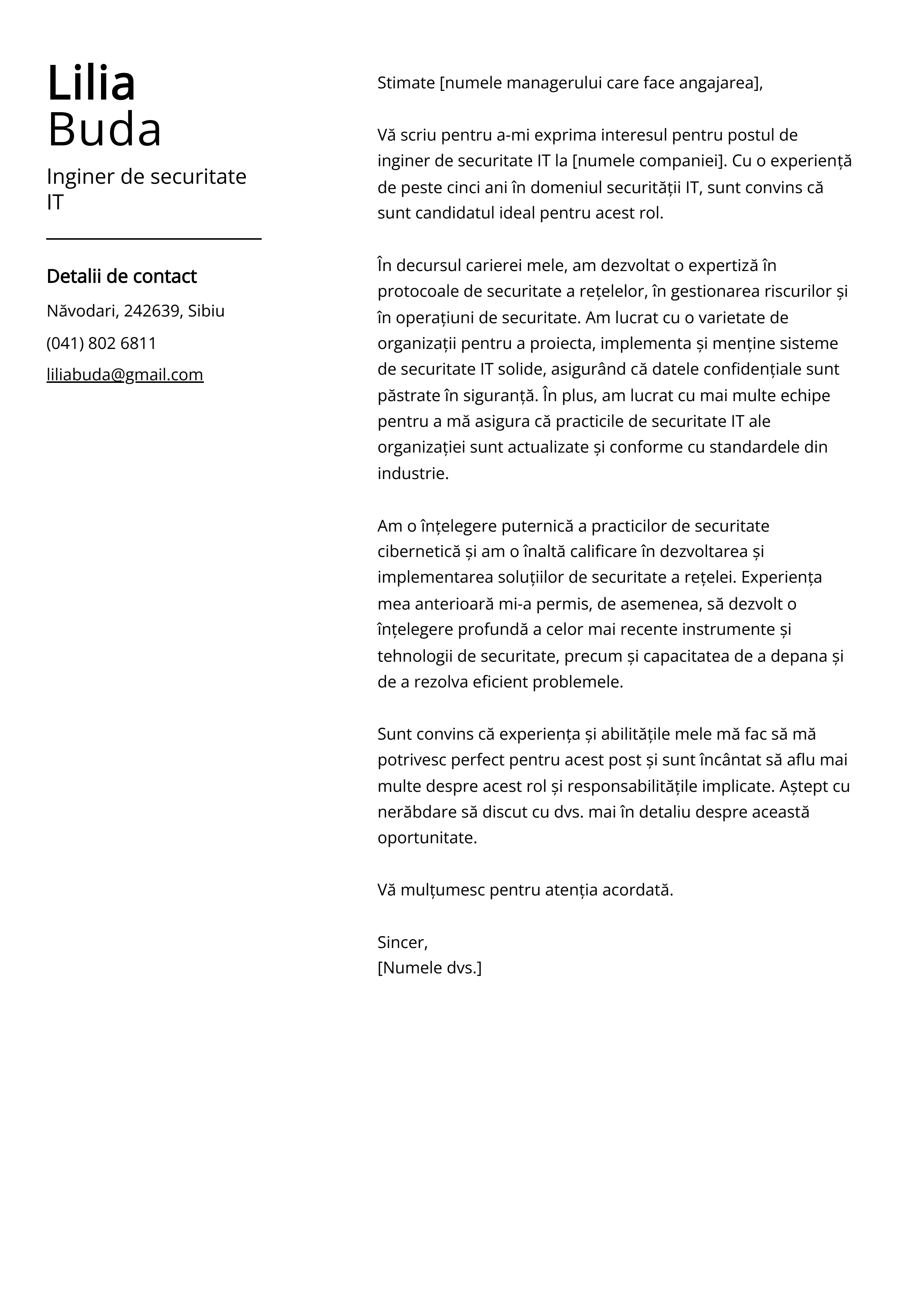 Inginer de securitate IT Cover Letter Example