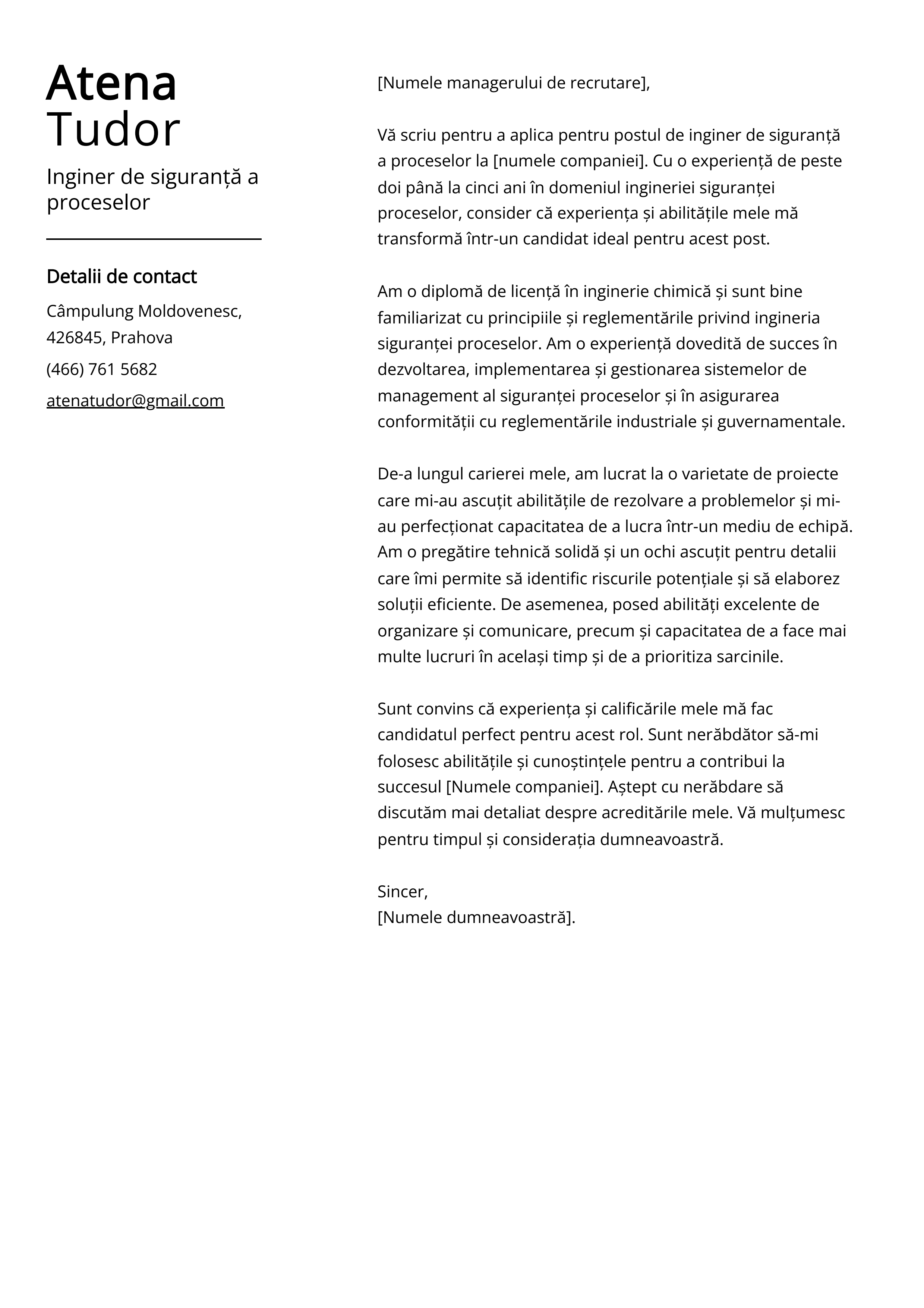 Inginer de siguranță a proceselor Cover Letter Example