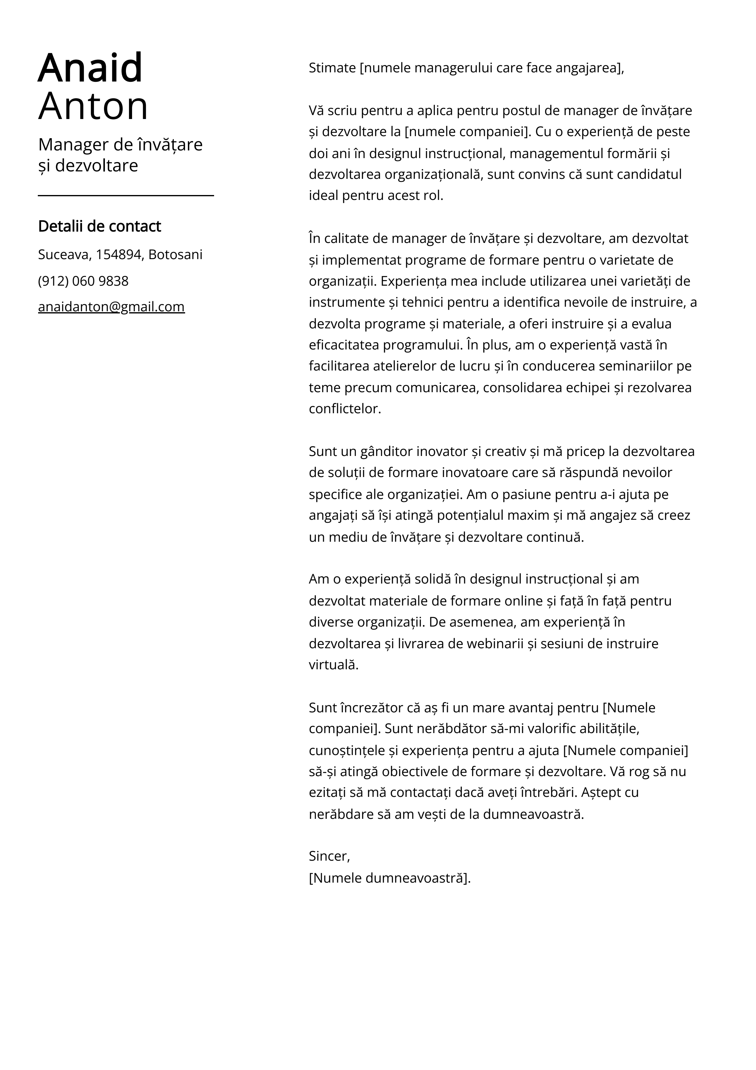 Manager de învățare și dezvoltare Cover Letter Example