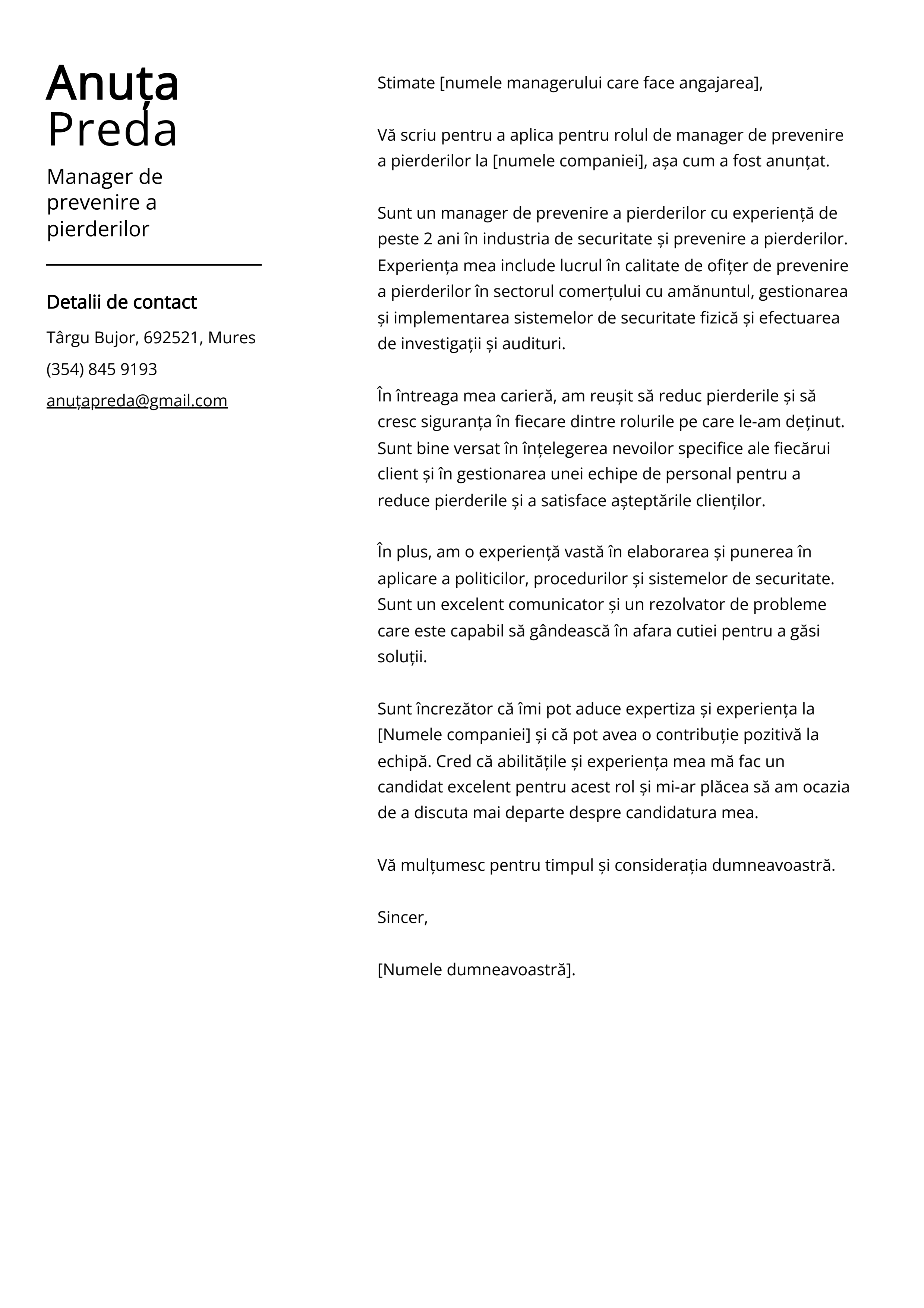 Manager de prevenire a pierderilor Cover Letter Example