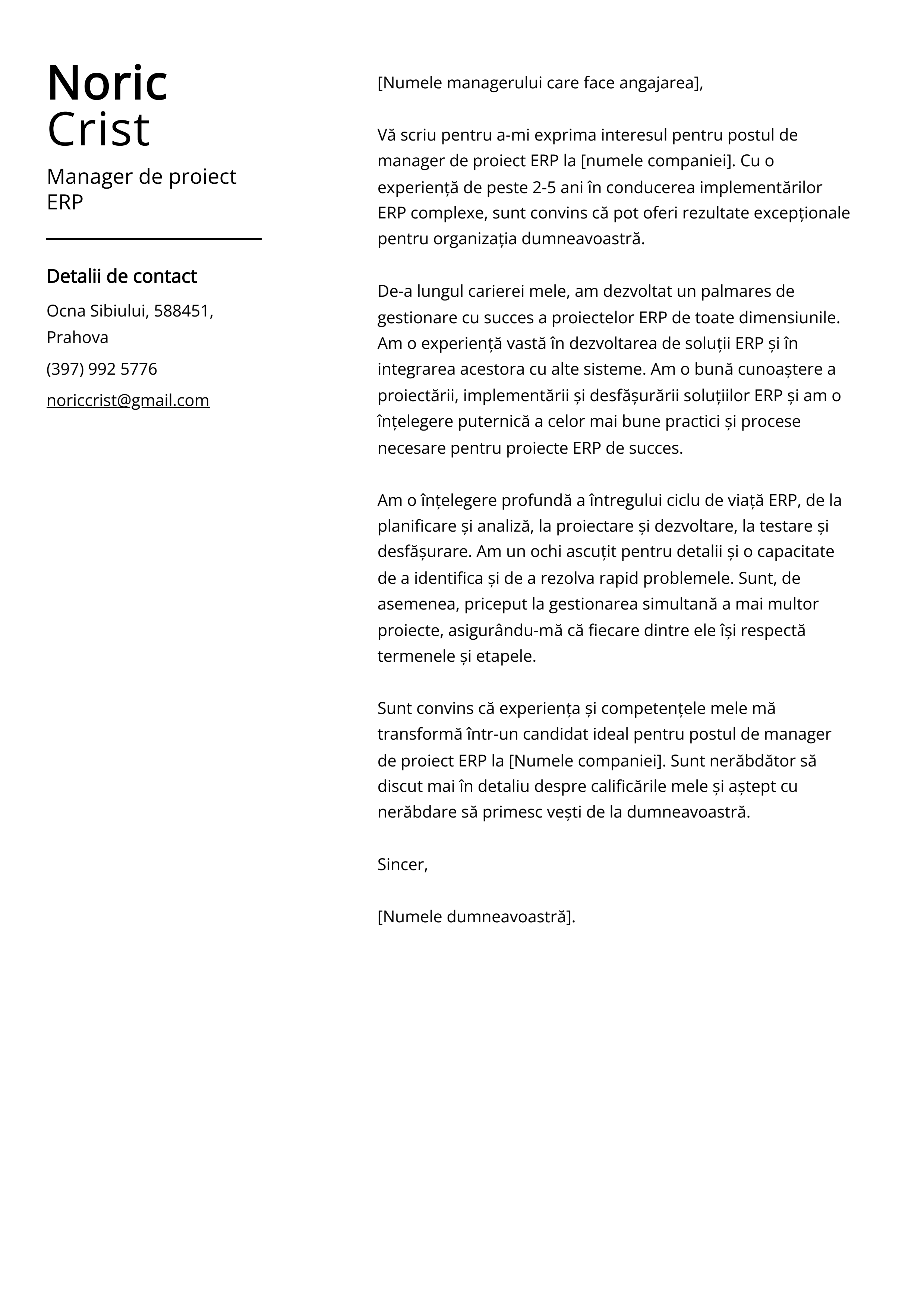 Manager de proiect ERP Cover Letter Exemplu