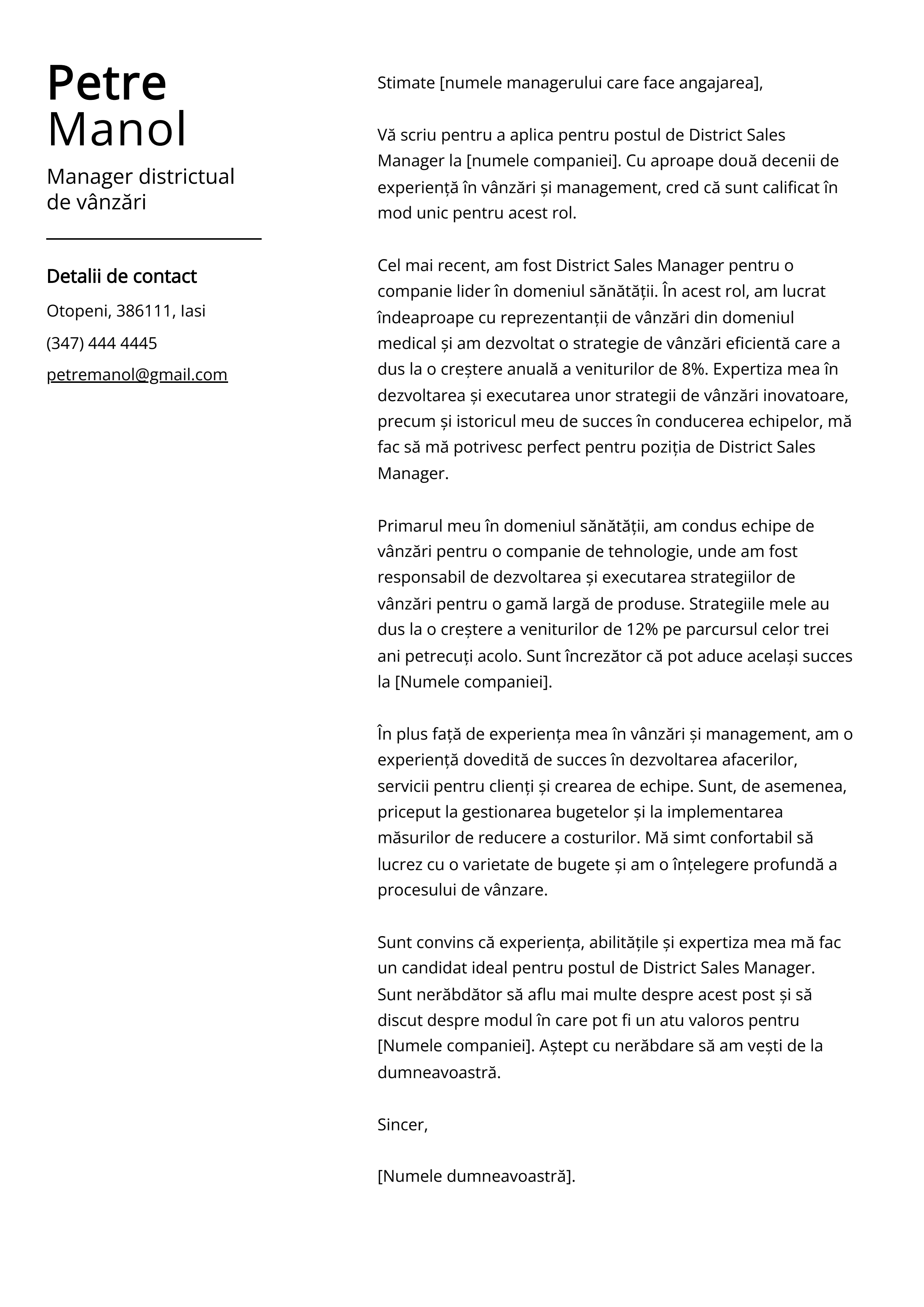 Manager districtual de vânzări Cover Letter Example