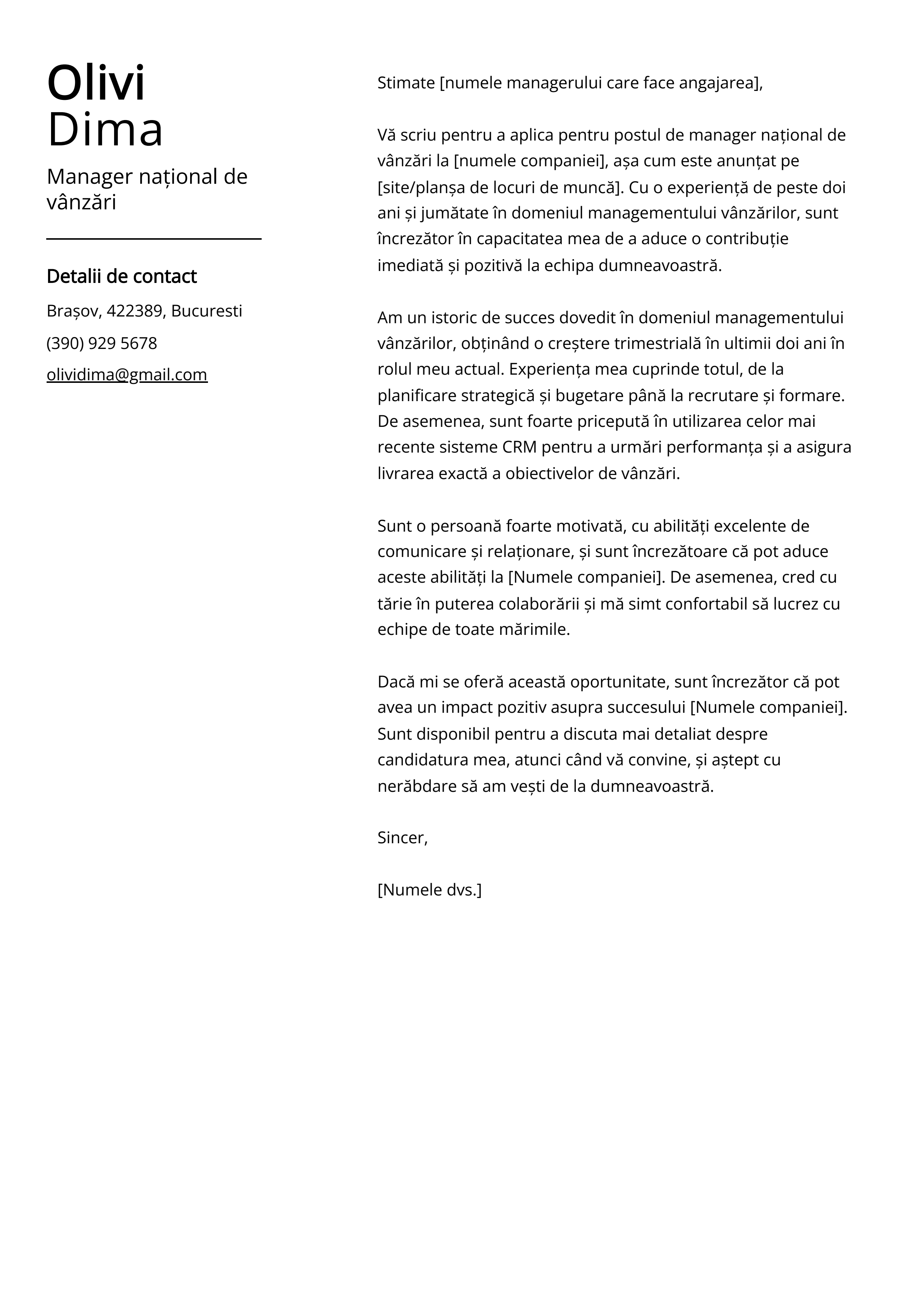 Manager național de vânzări Cover Letter Example