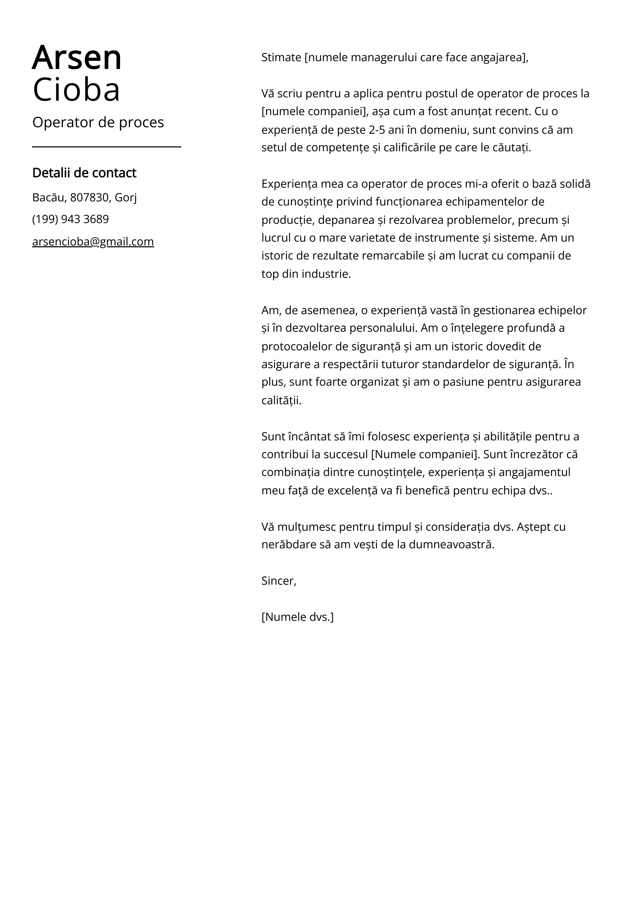 Operator de proces Cover Letter Example