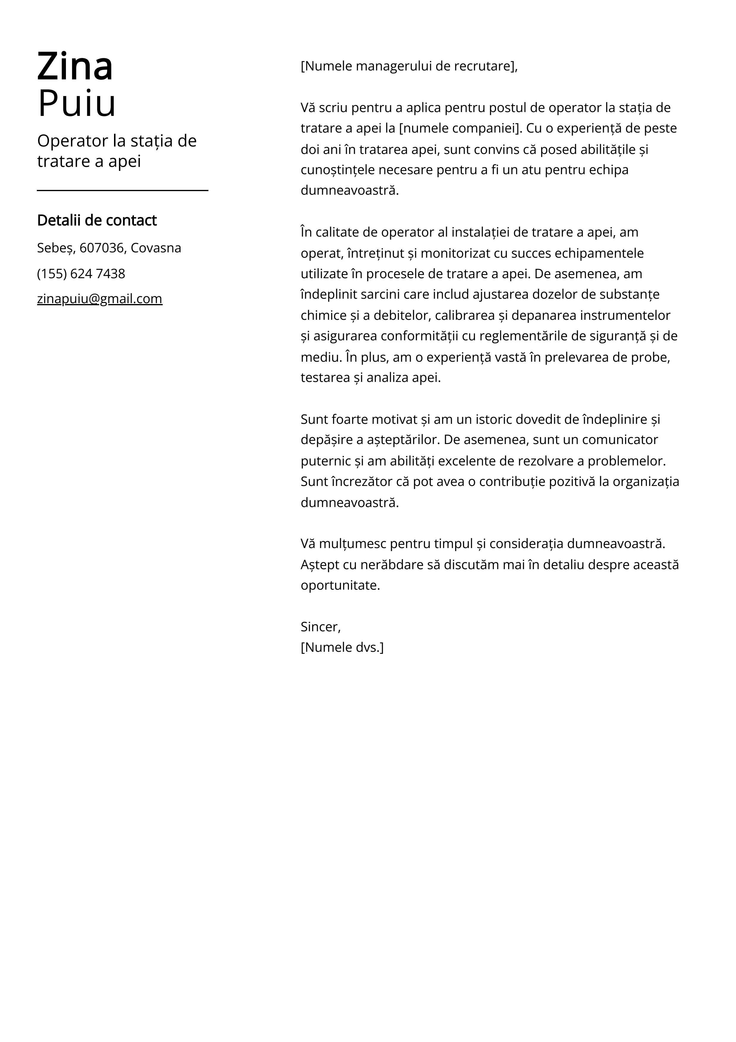 Operator la stația de tratare a apei Cover Letter Example