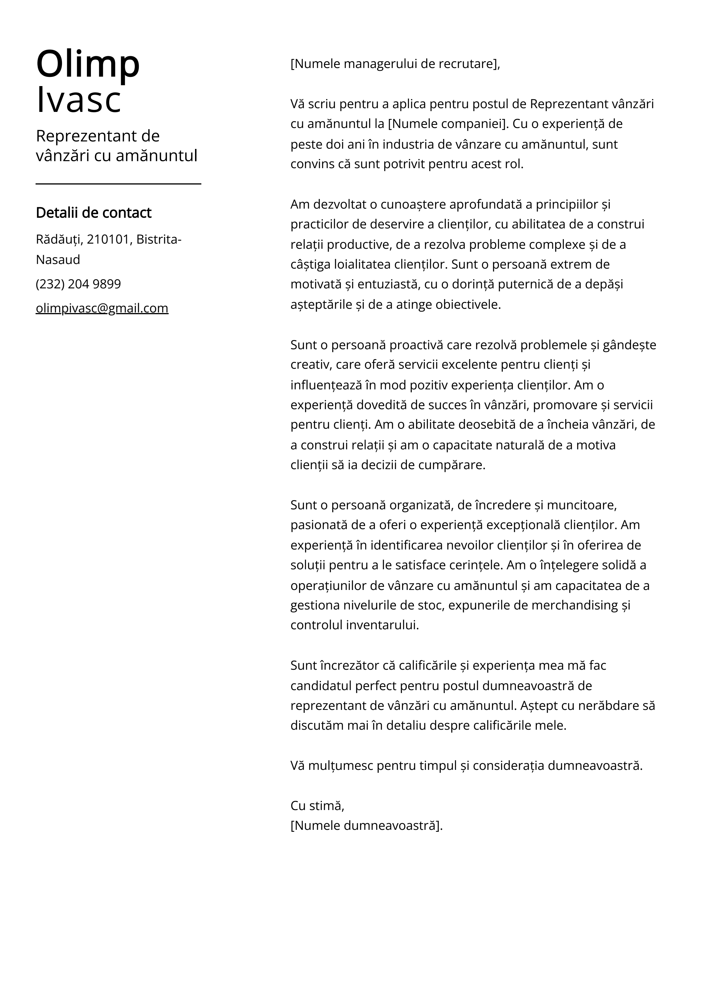 Reprezentant de vânzări cu amănuntul Cover Letter Example